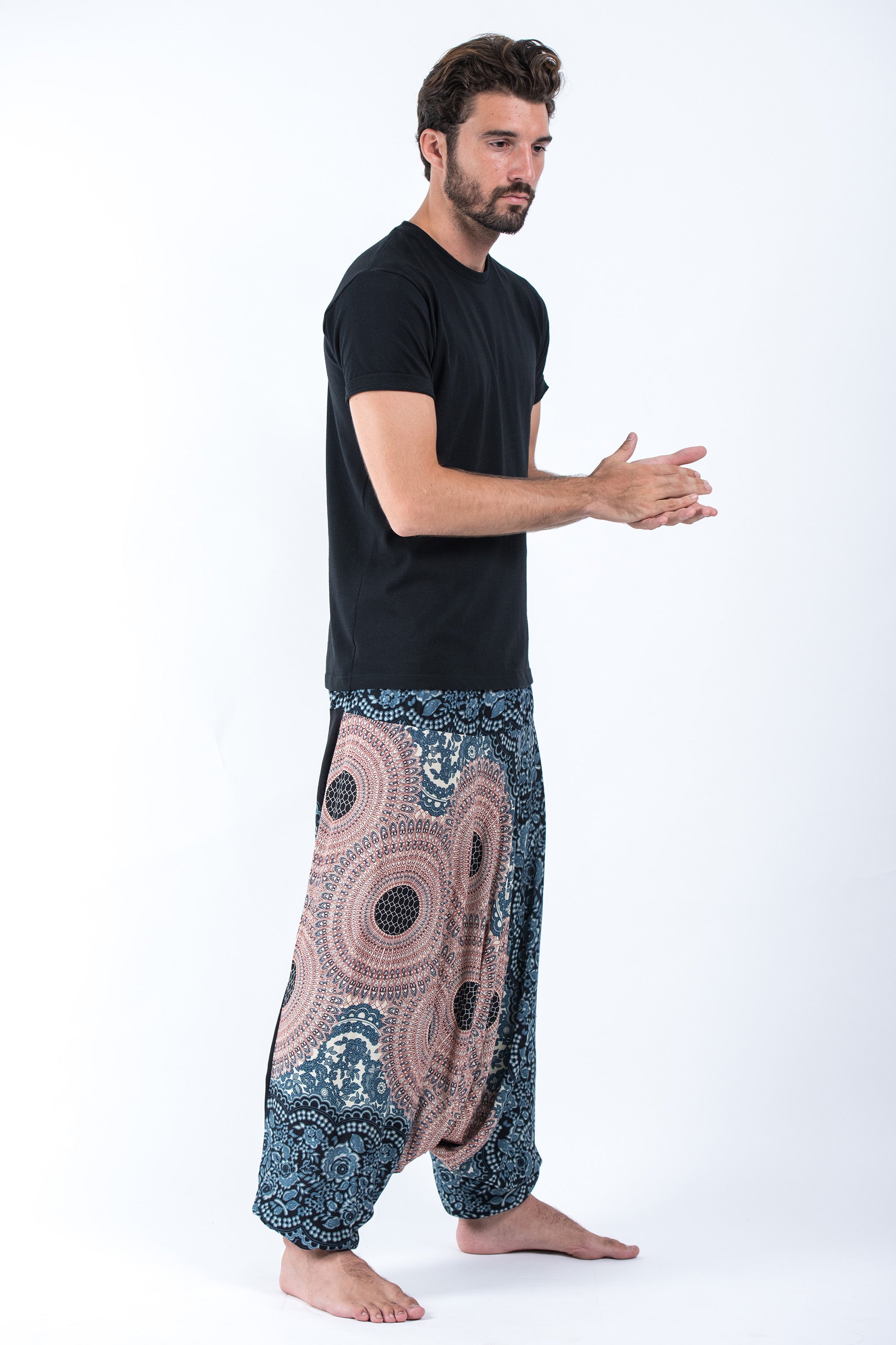 Geometric Mandalas Drop Crotch Men's Harem Pants in Silver Gray