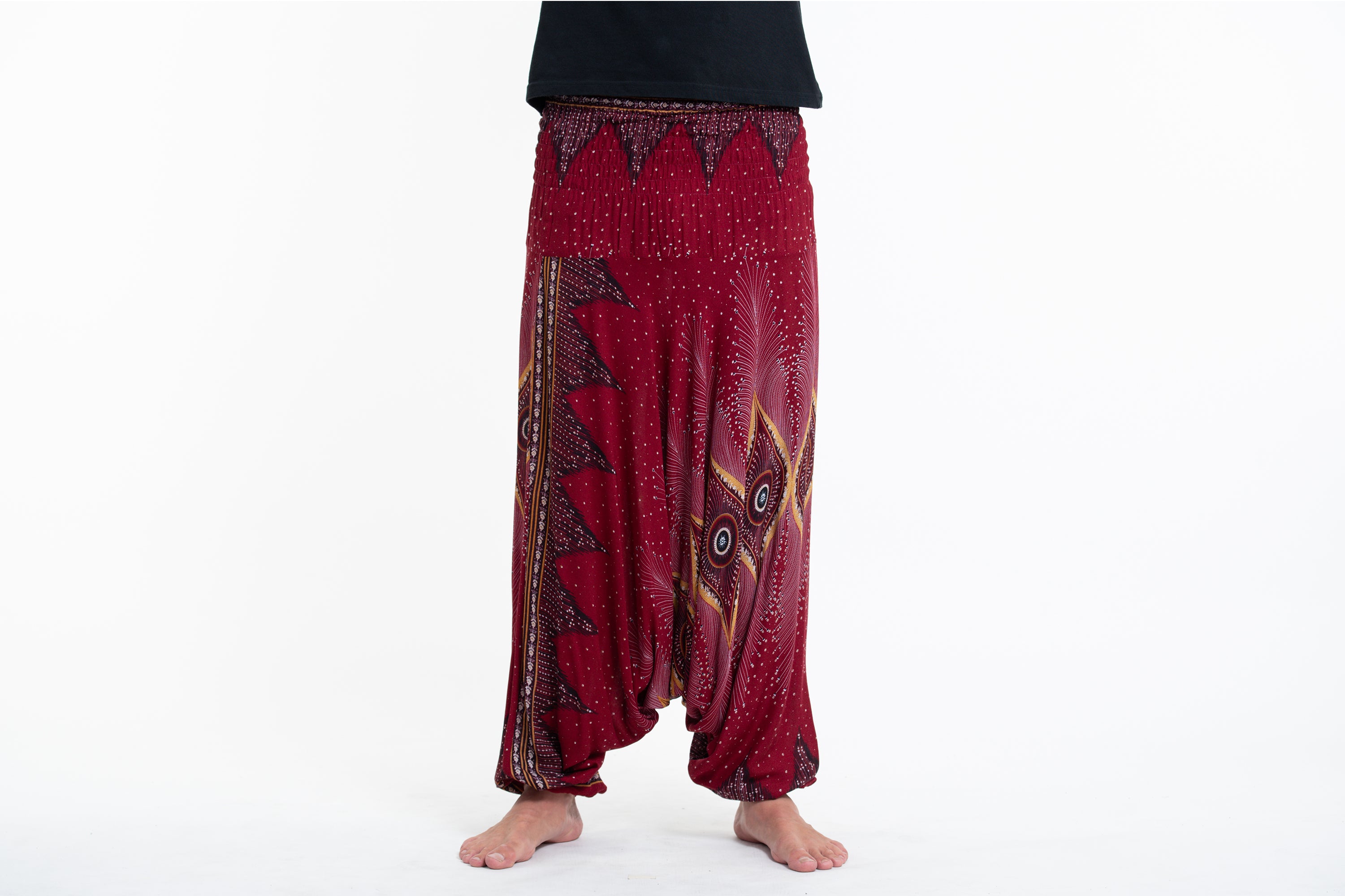 Diamond Peacock Drop Crotch Men's Harem Pants in Red