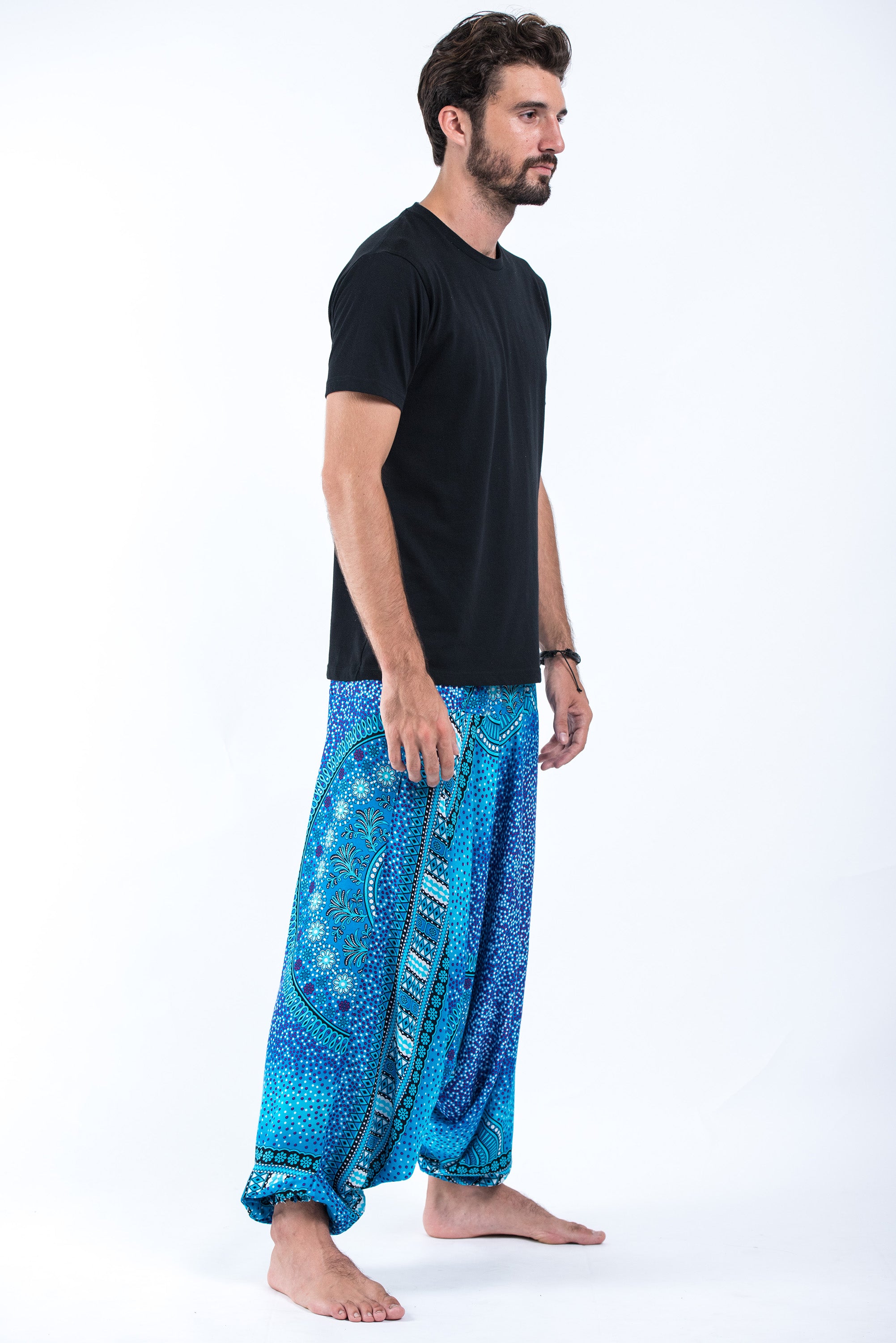 Tribal Chakras Drop Crotch Men's Harem Pants in Blue