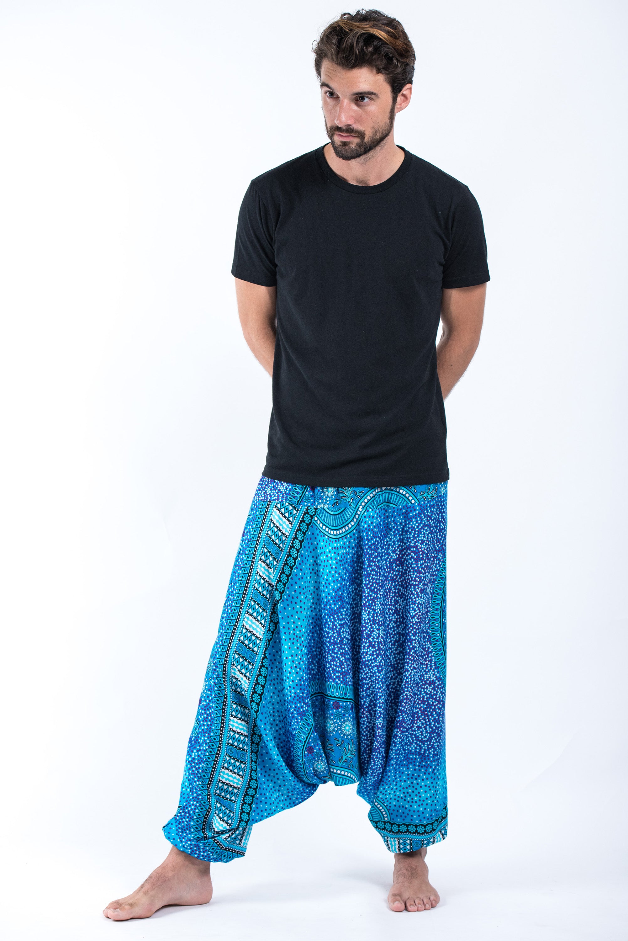 Tribal Chakras Drop Crotch Men's Harem Pants in Blue