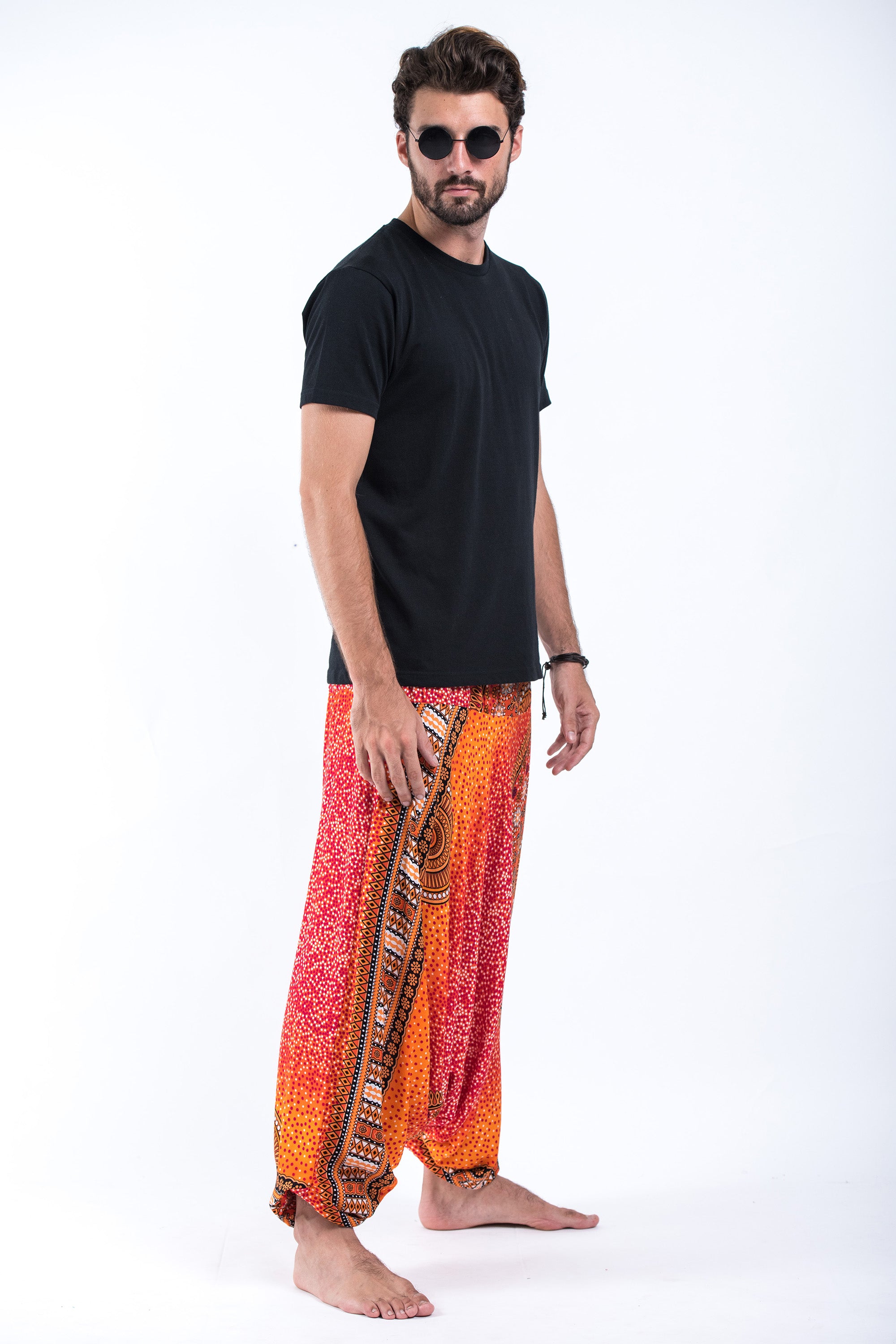 Tribal Chakras Drop Crotch Men's Harem Pants in Orange