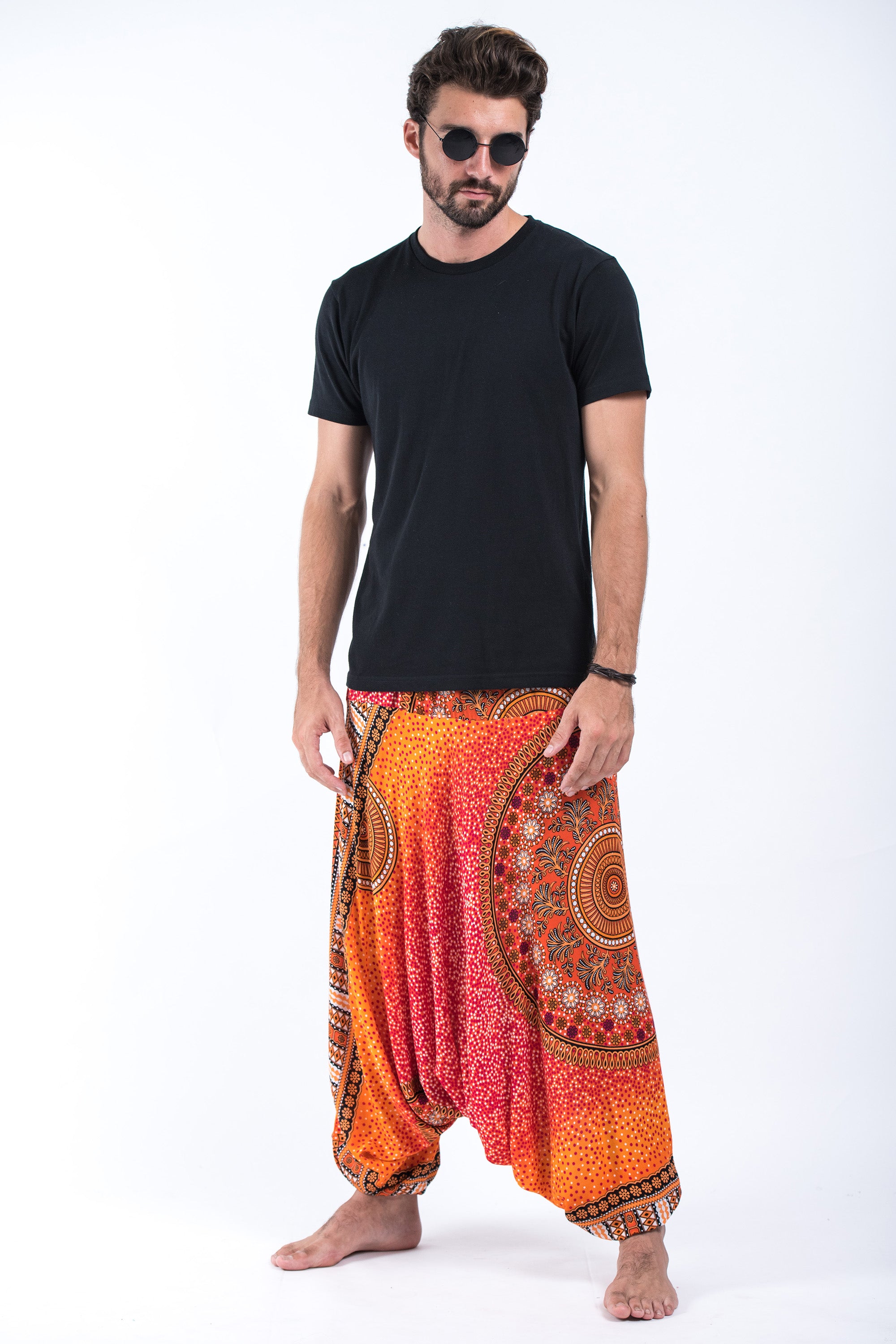 Tribal Chakras Drop Crotch Men's Harem Pants in Orange