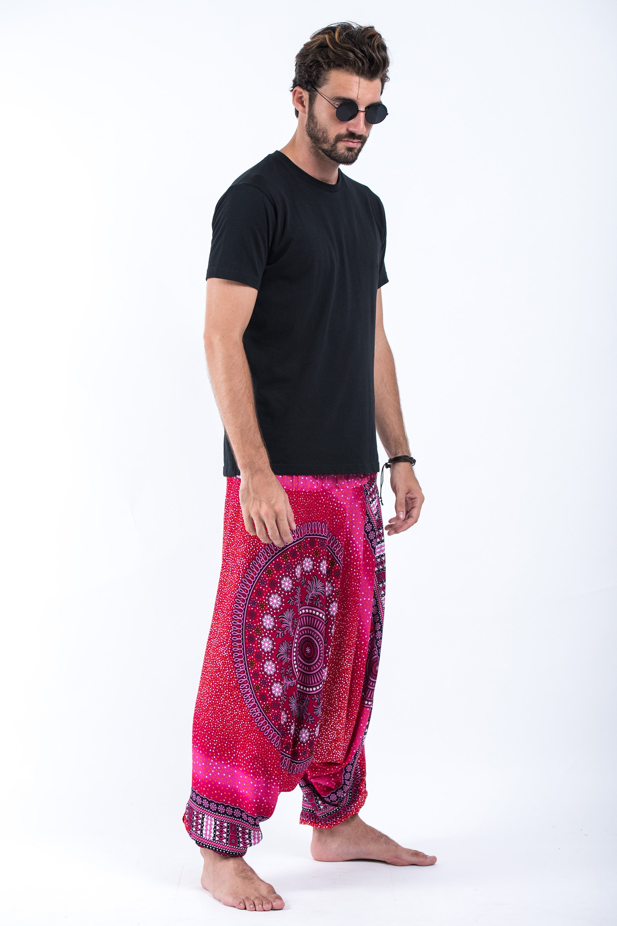 Tribal Chakras Drop Crotch Men's Harem Pants in Pink