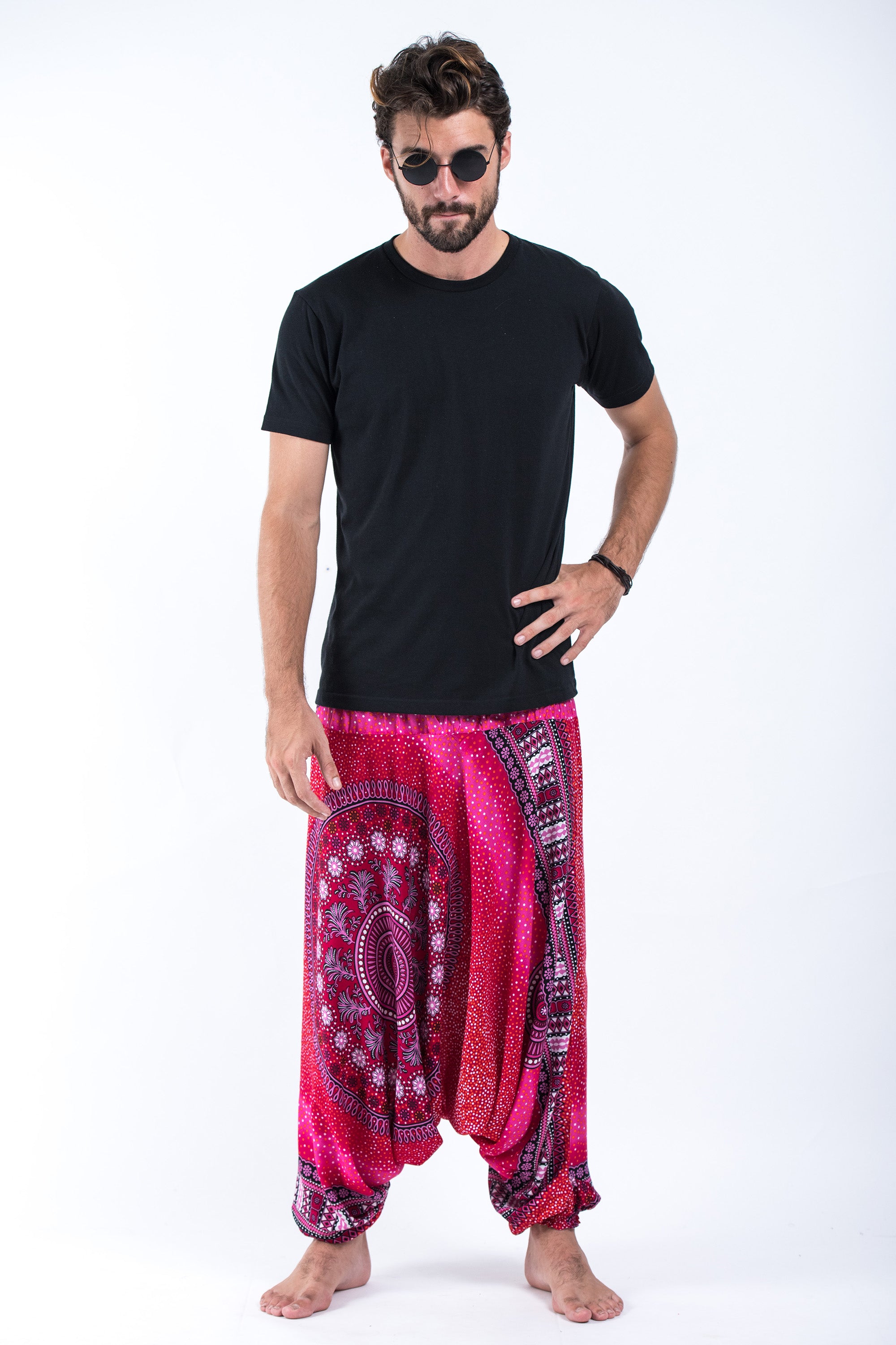 Tribal Chakras Drop Crotch Men's Harem Pants in Pink