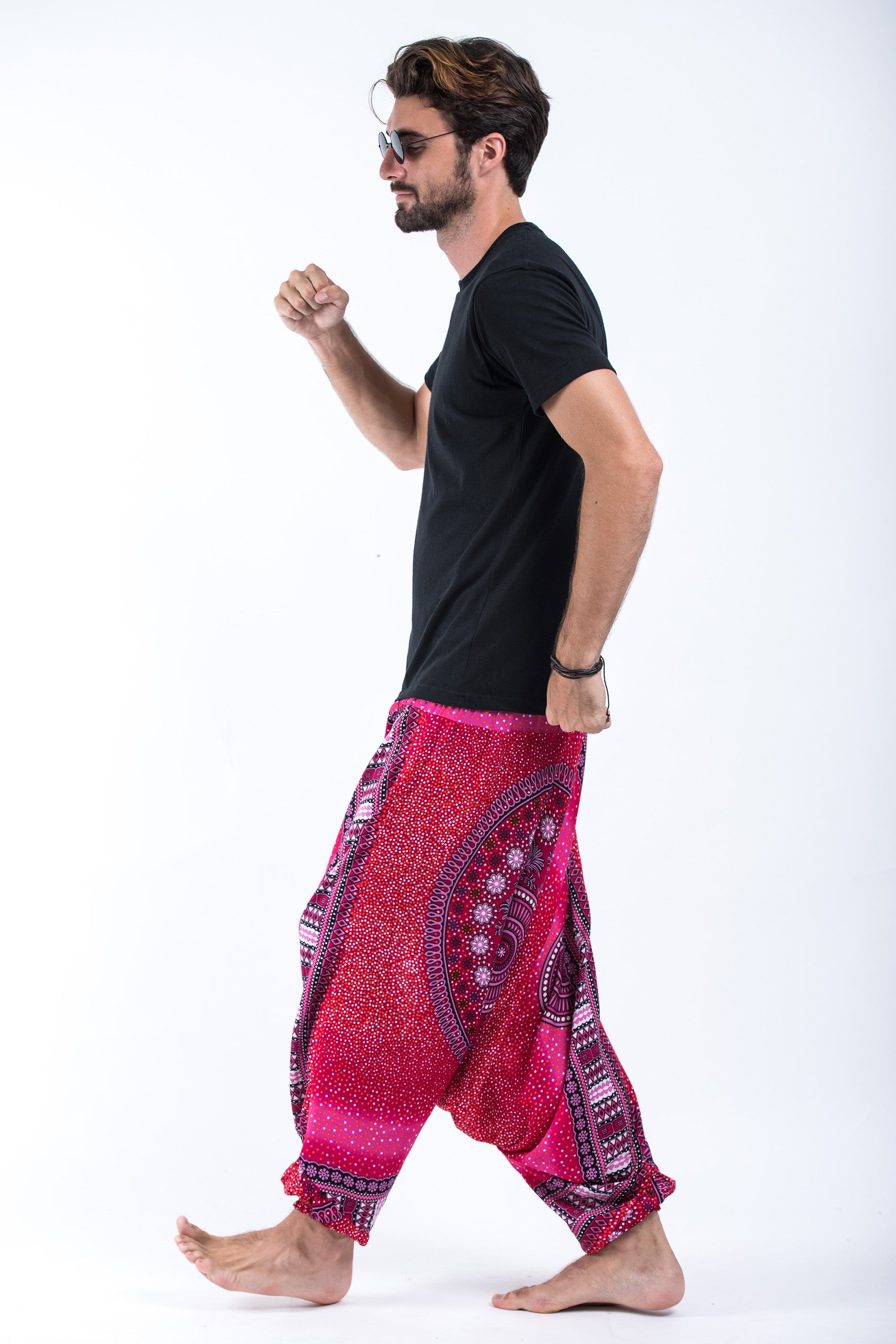 Tribal Chakras Drop Crotch Men's Harem Pants in Pink