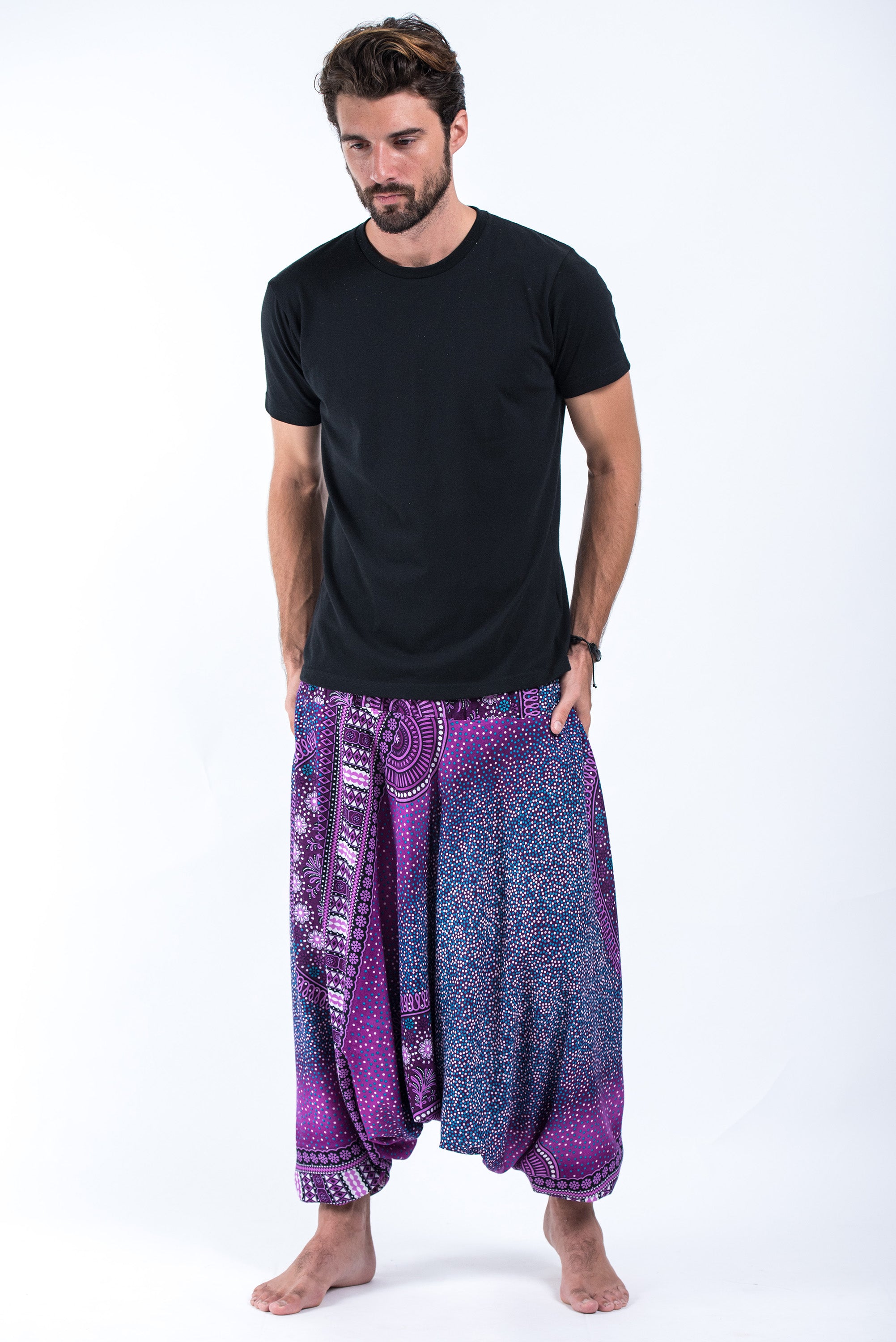 Tribal Chakras Drop Crotch Men's Harem Pants in Purple