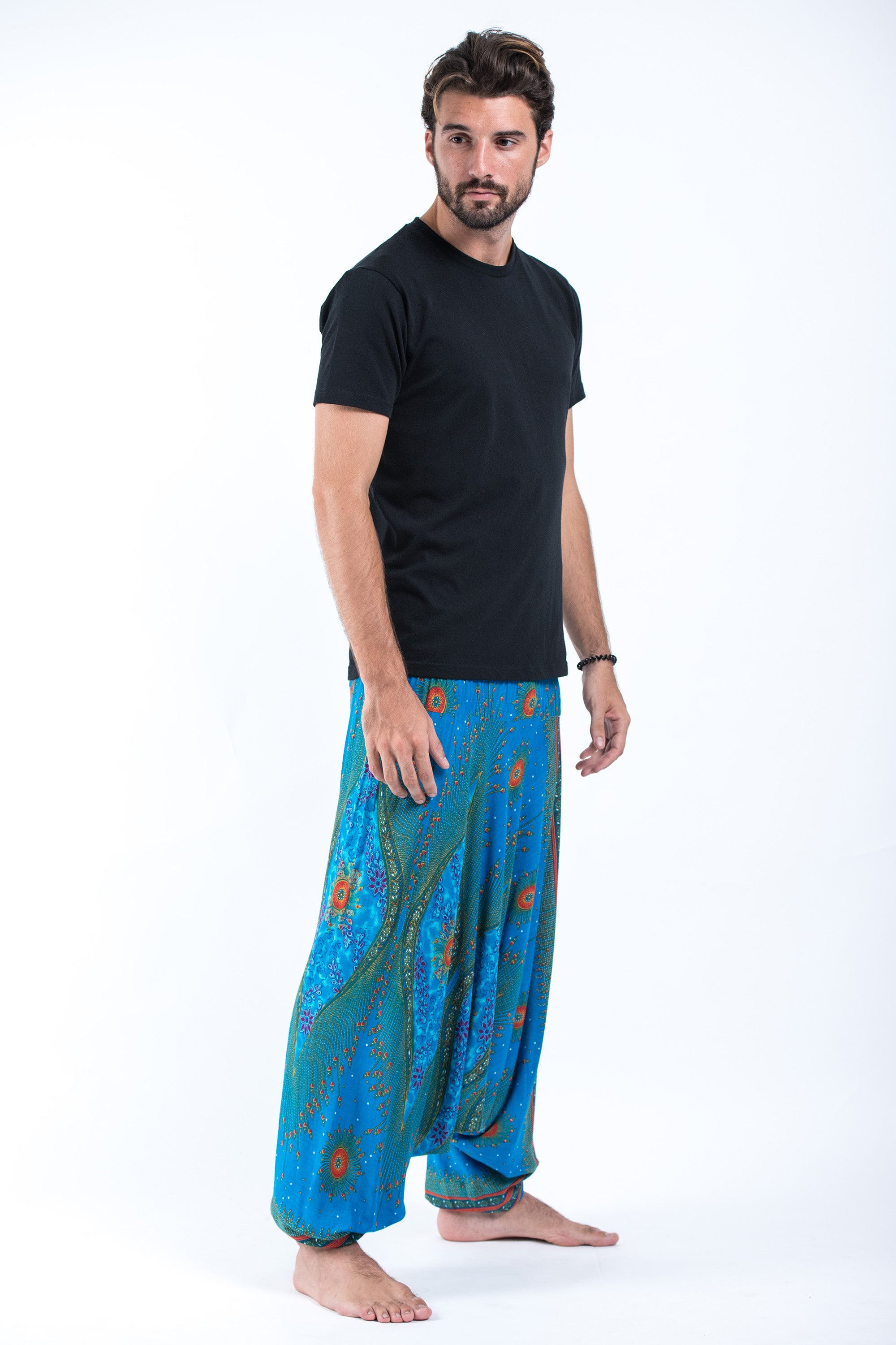 Peacock Eye Drop Crotch Men's Harem Pants in Blue