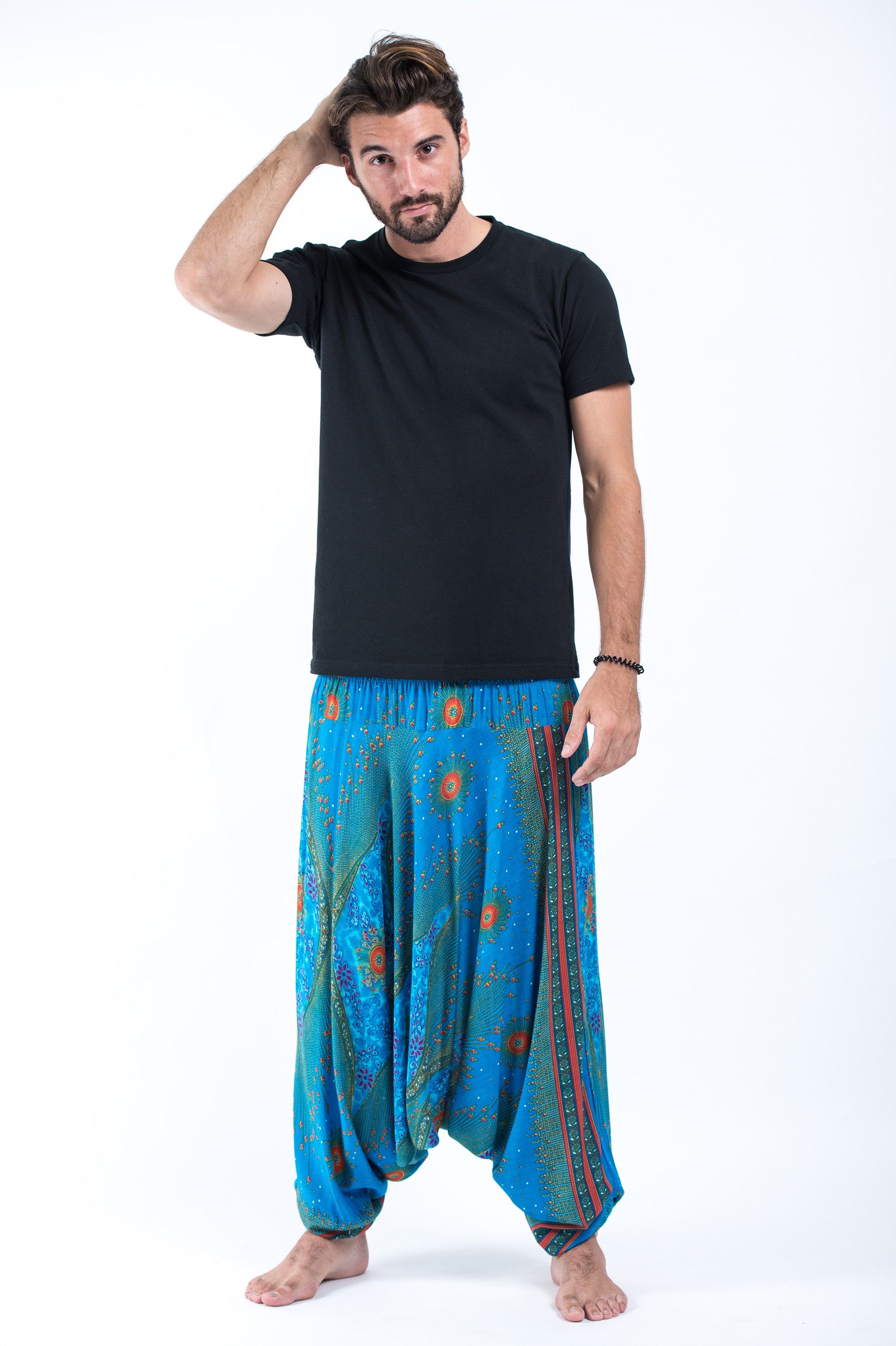 Peacock Eye Drop Crotch Men's Harem Pants in Blue