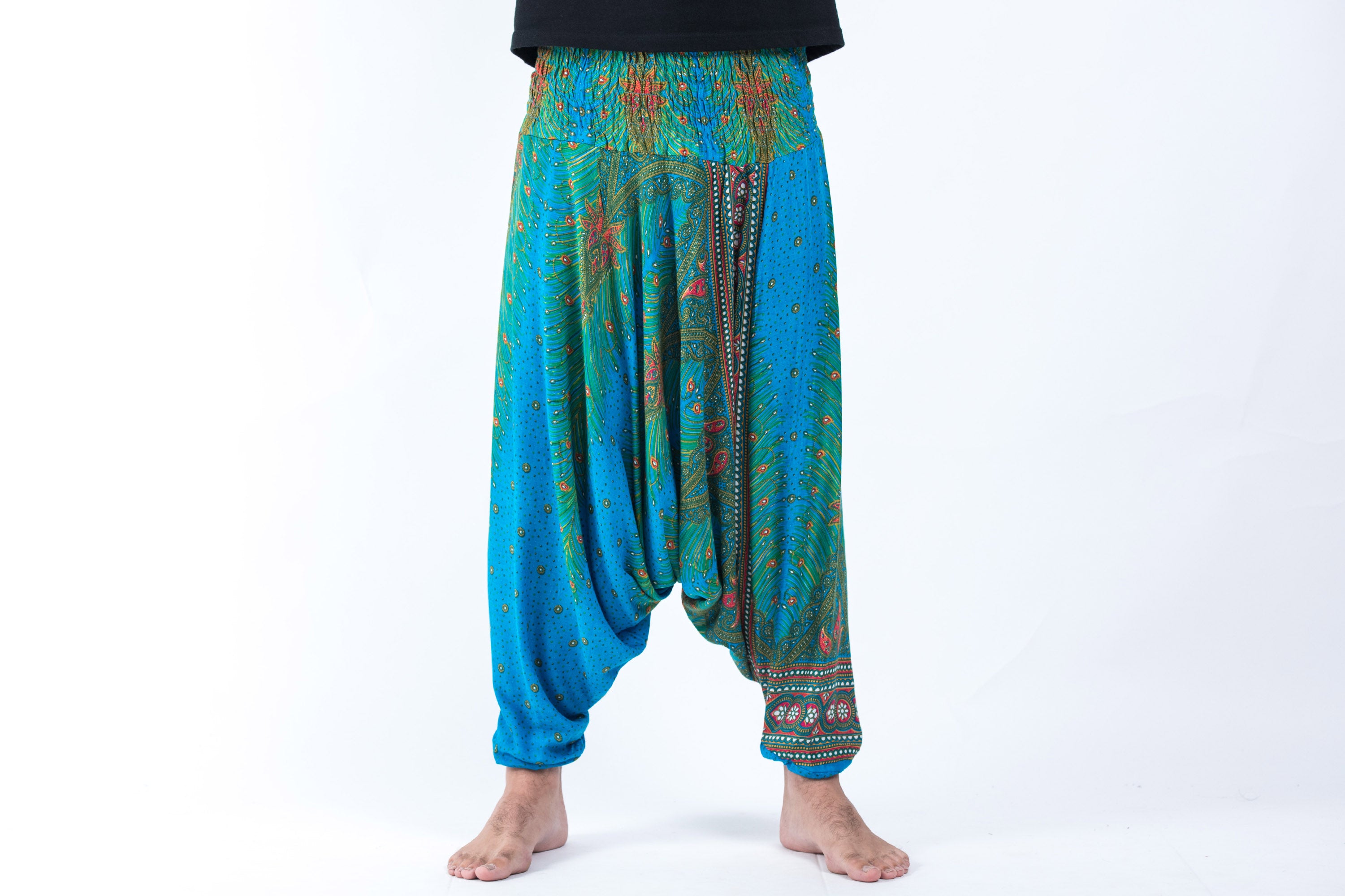 Peacock Eye Drop Crotch Men's Harem Pants in Light Blue