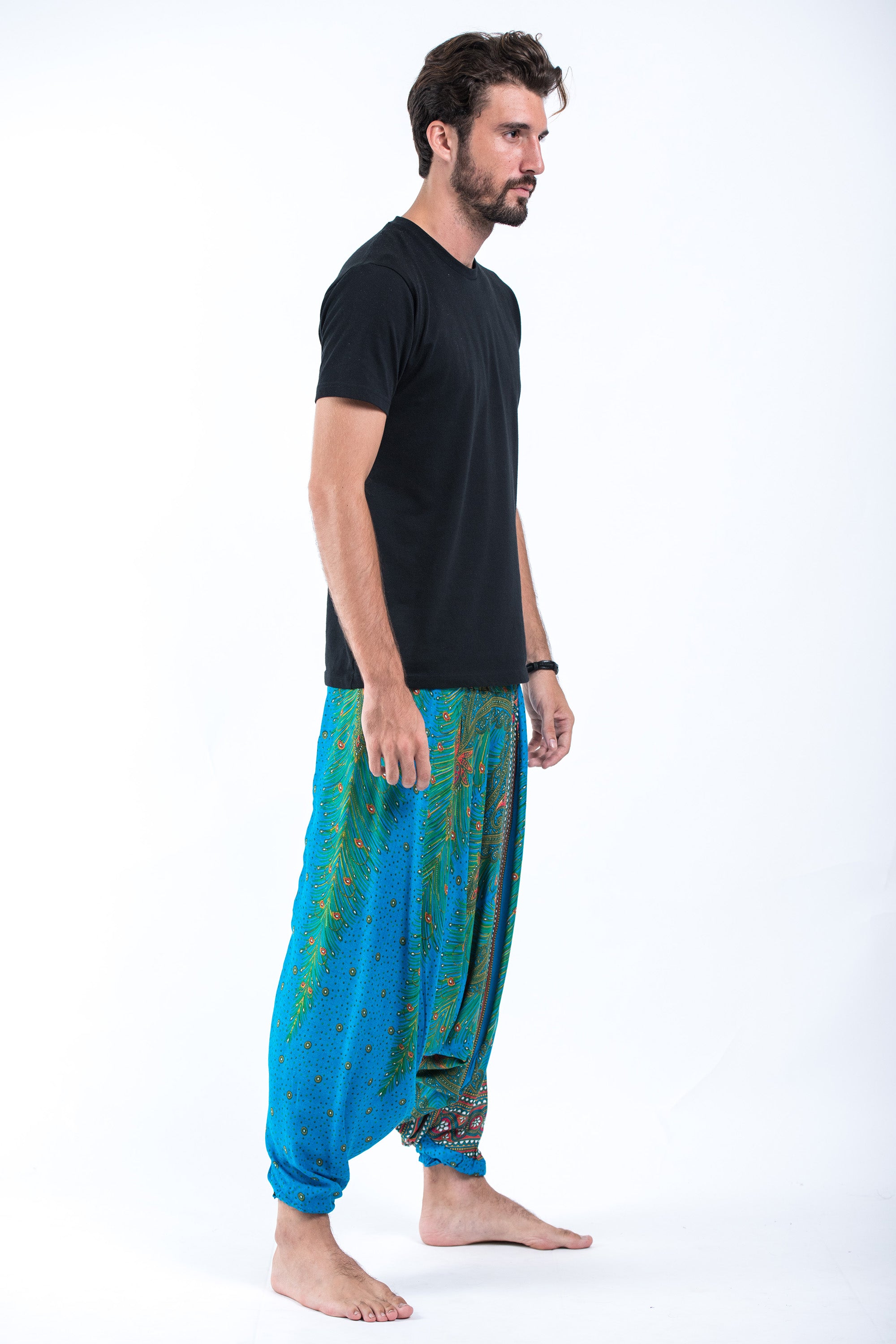 Peacock Eye Drop Crotch Men's Harem Pants in Light Blue