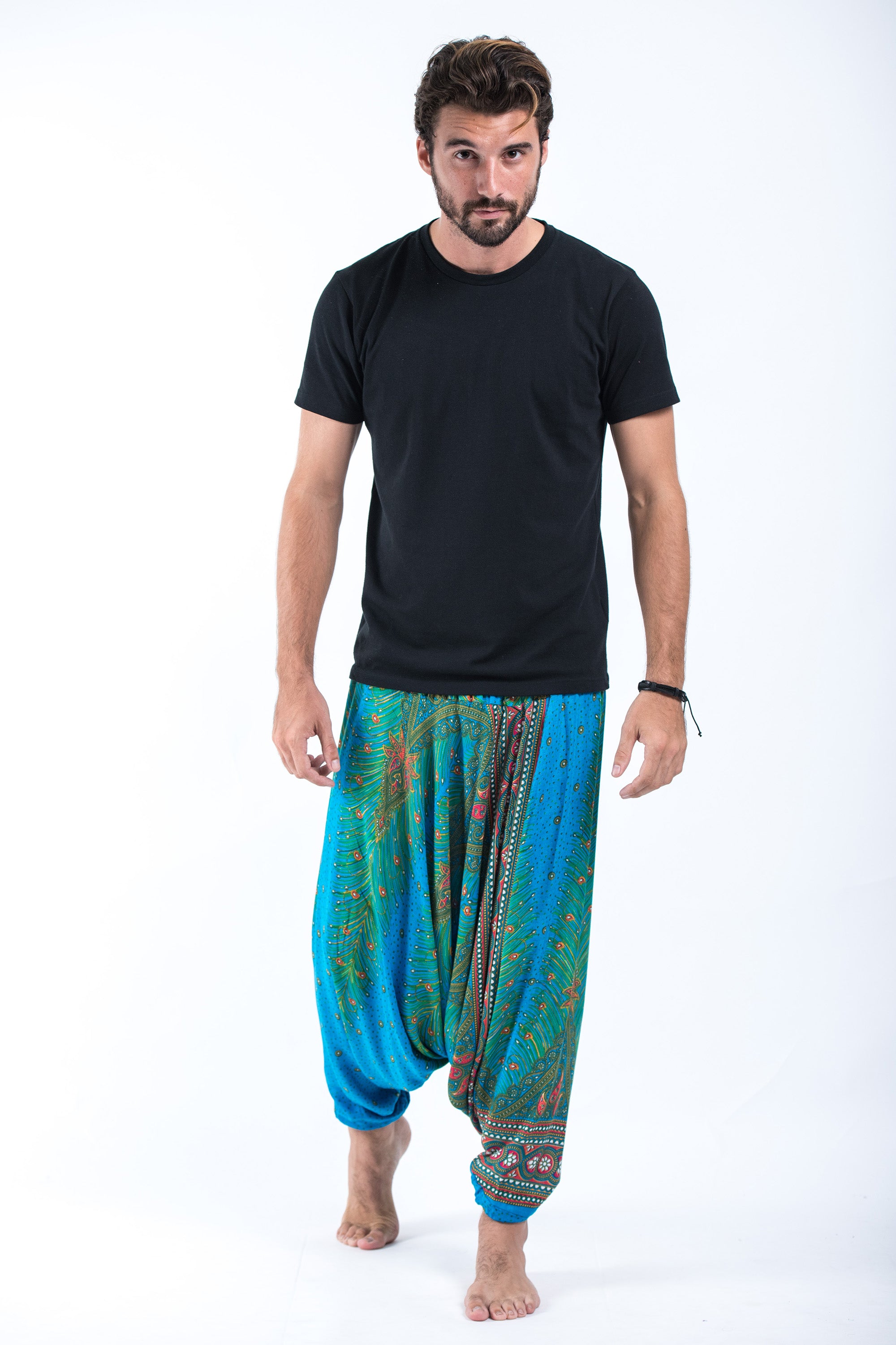 Peacock Eye Drop Crotch Men's Harem Pants in Light Blue