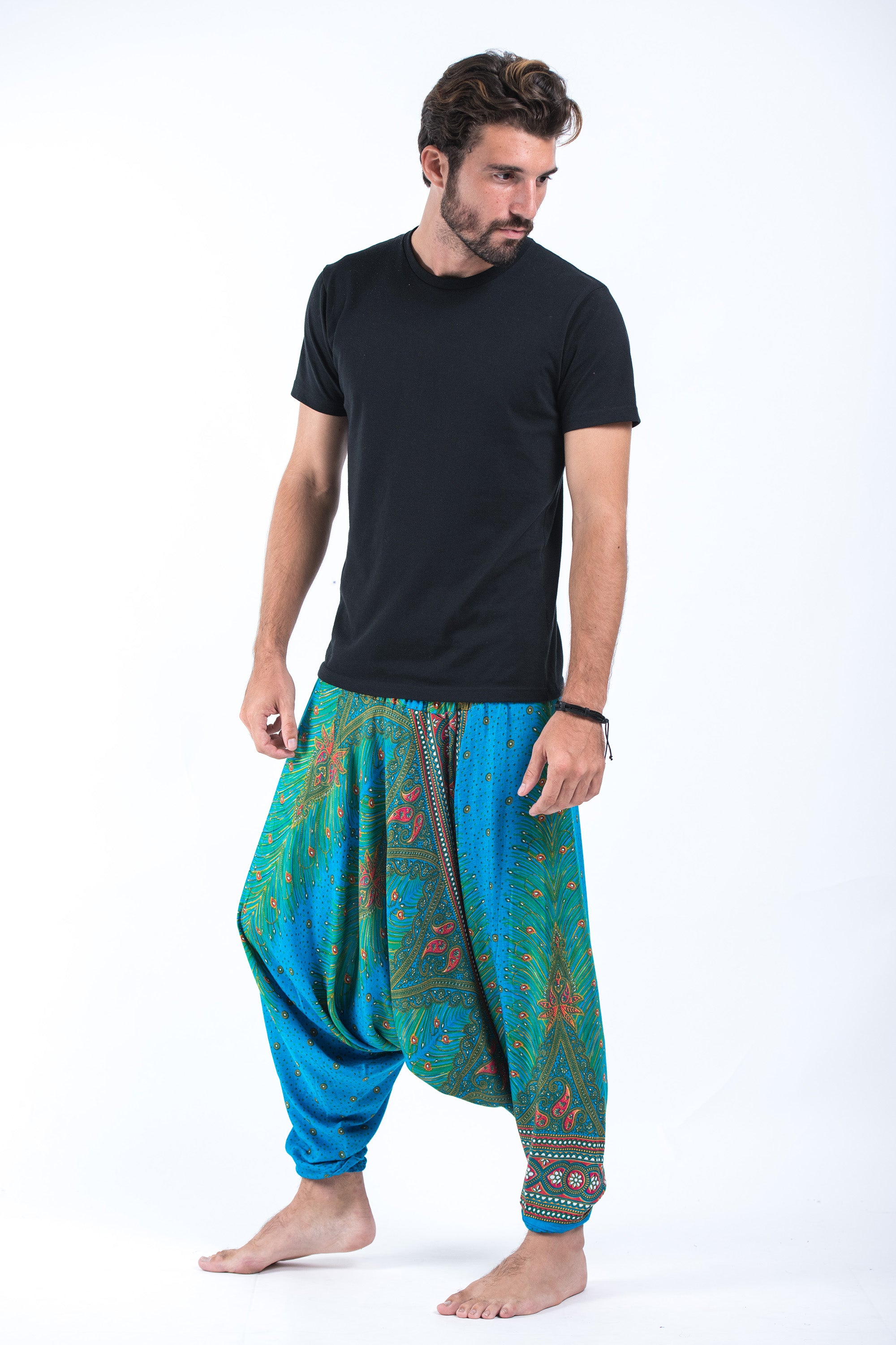 Peacock Eye Drop Crotch Men's Harem Pants in Light Blue