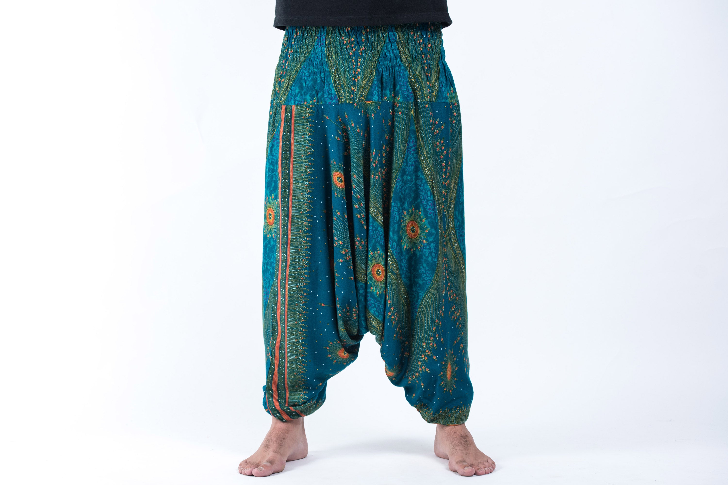 Peacock Eye Drop Crotch Men's Harem Pants in Turquoise