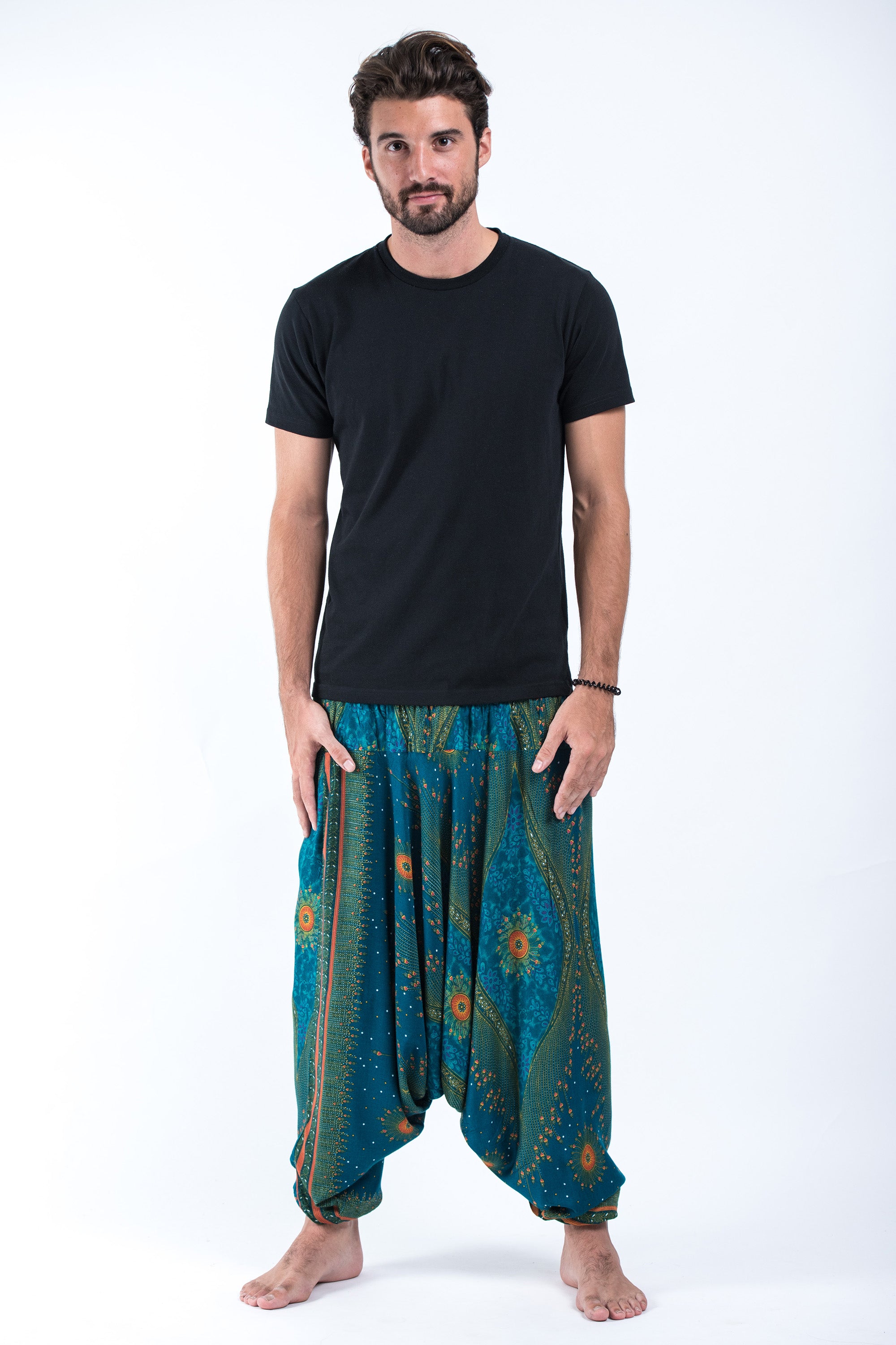Peacock Eye Drop Crotch Men's Harem Pants in Turquoise