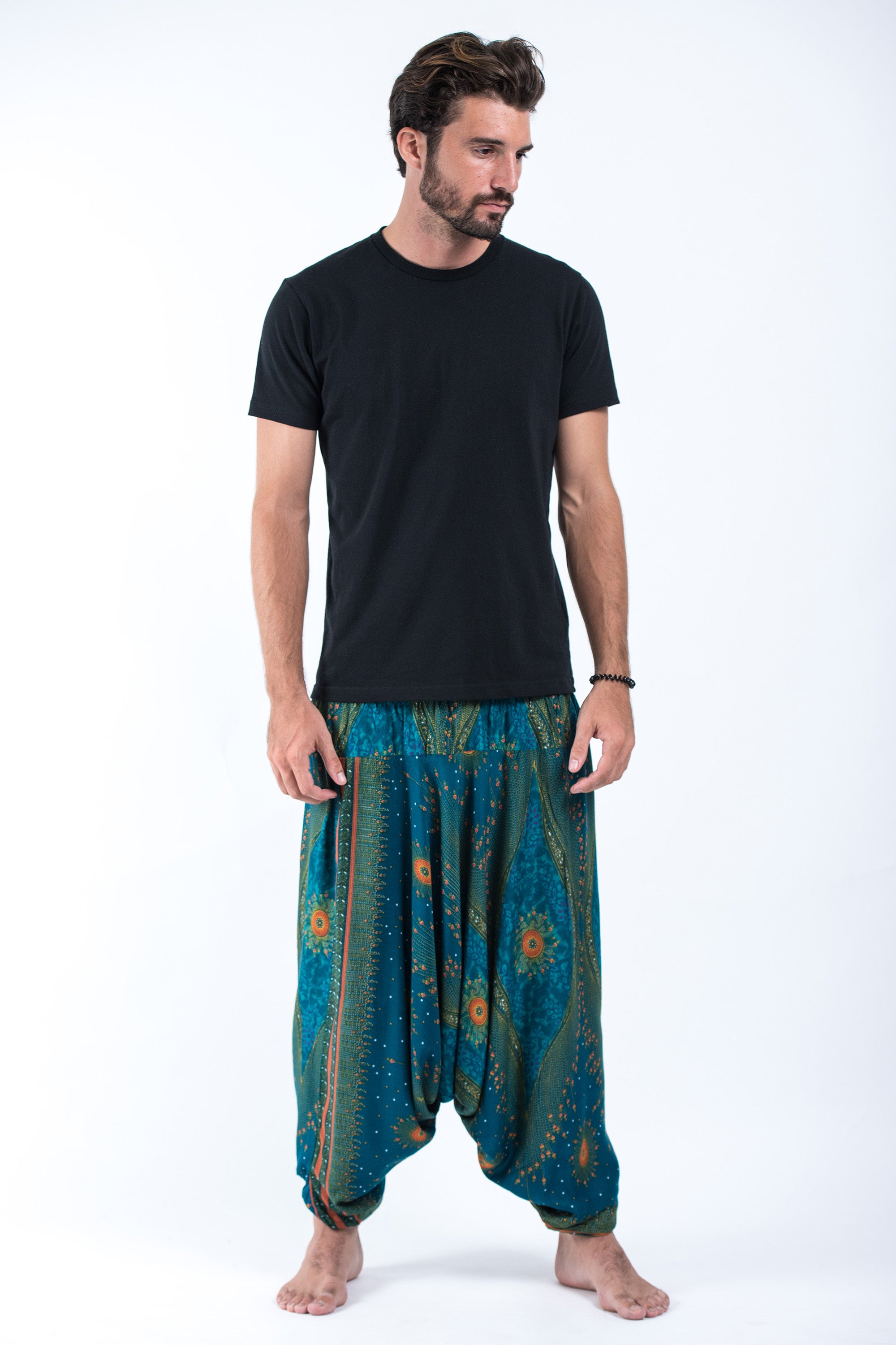 Peacock Eye Drop Crotch Men's Harem Pants in Turquoise