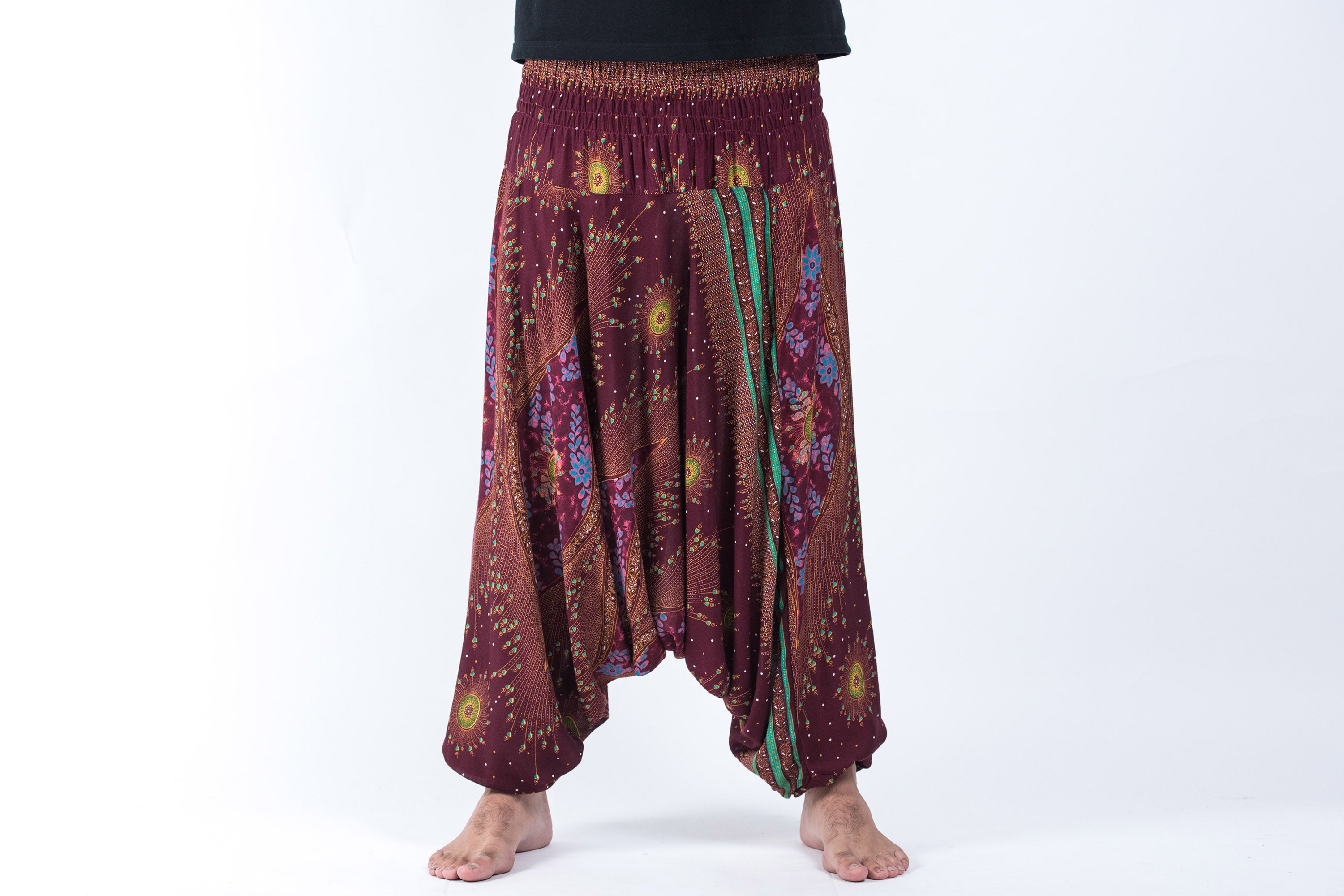 Peacock Eye Drop Crotch Men's Harem Pants in Wine