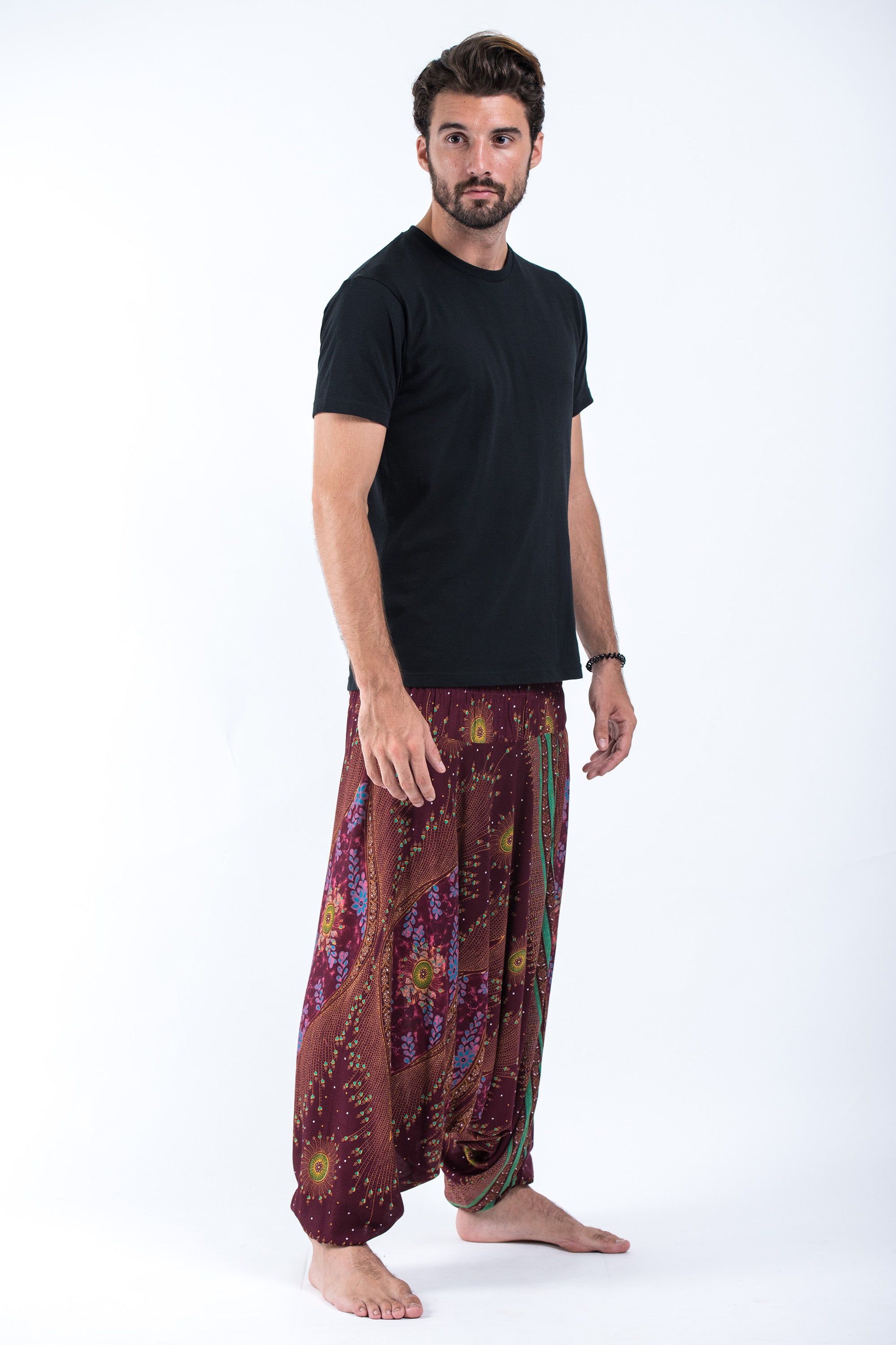 Peacock Eye Drop Crotch Men's Harem Pants in Wine