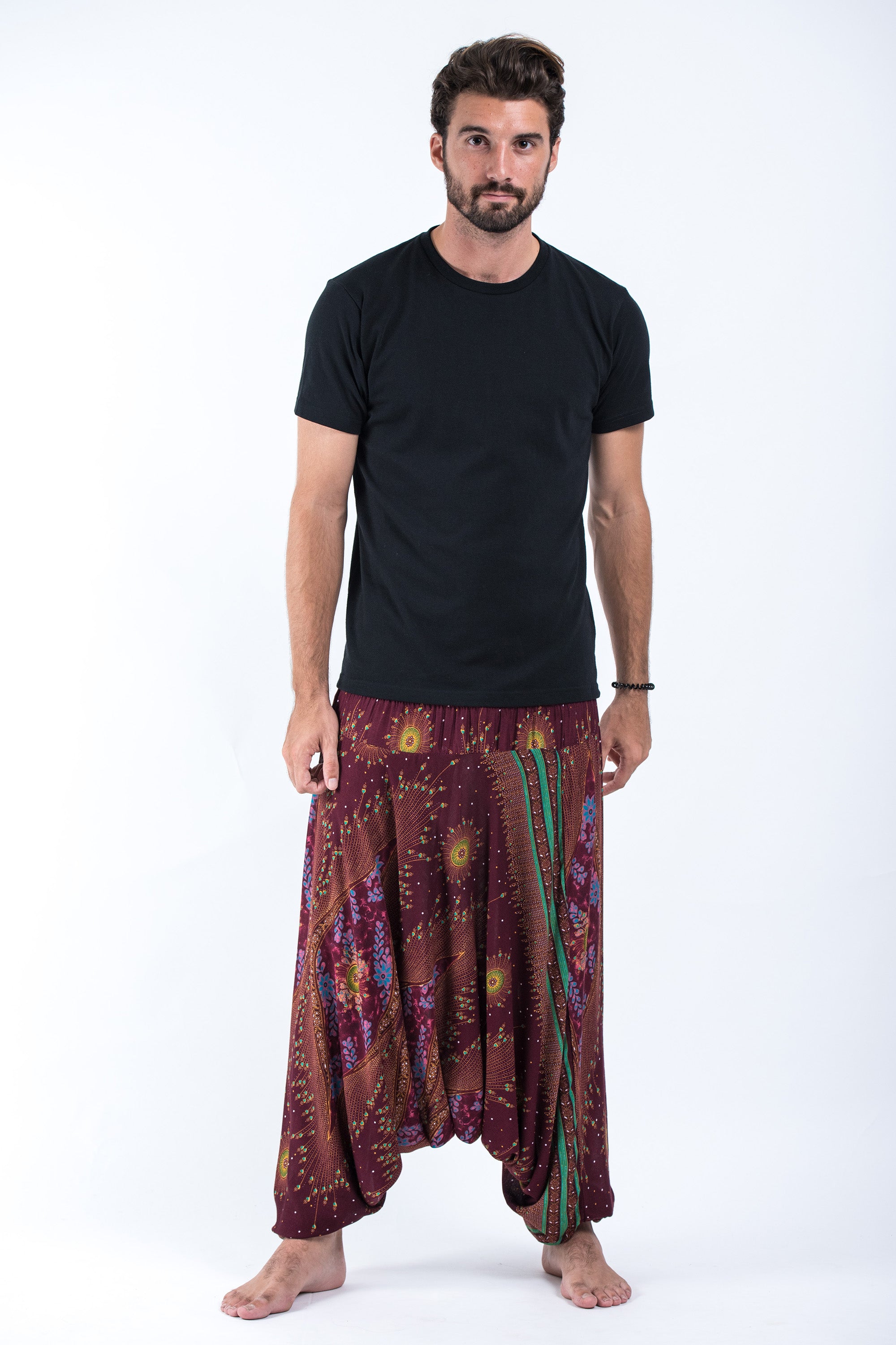 Peacock Eye Drop Crotch Men's Harem Pants in Wine