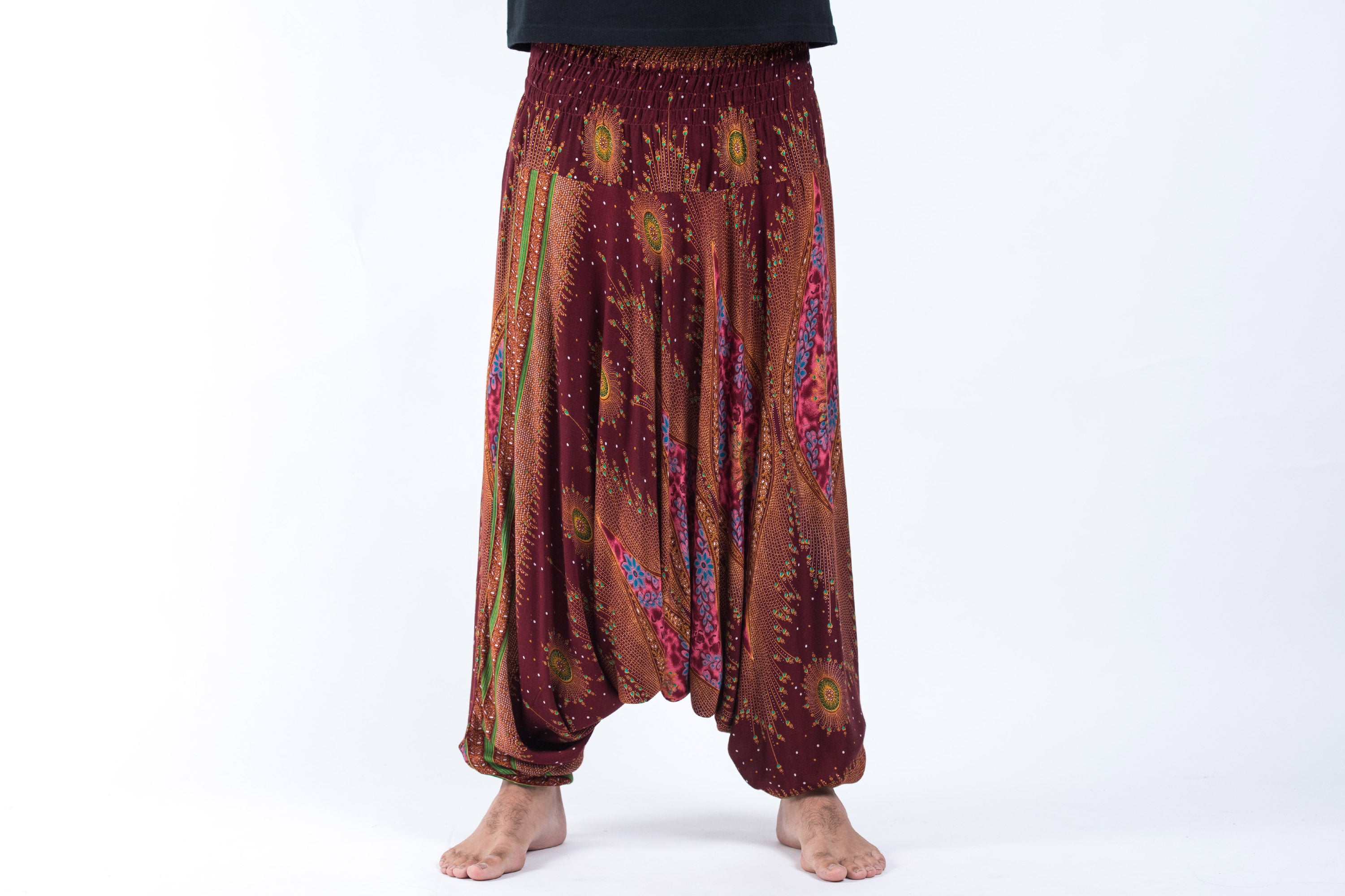 Peacock Eye Drop Crotch Men's Harem Pants in Wine