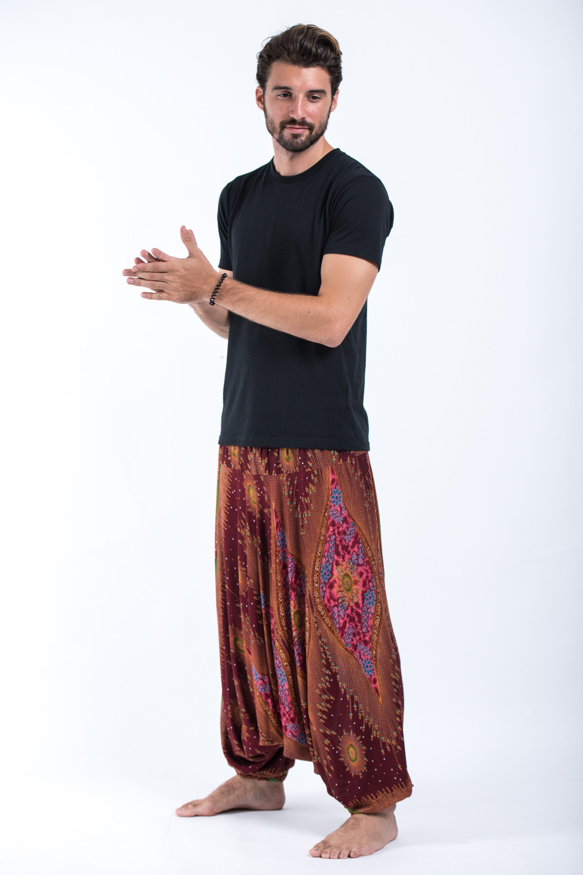 Peacock Eye Drop Crotch Men's Harem Pants in Wine