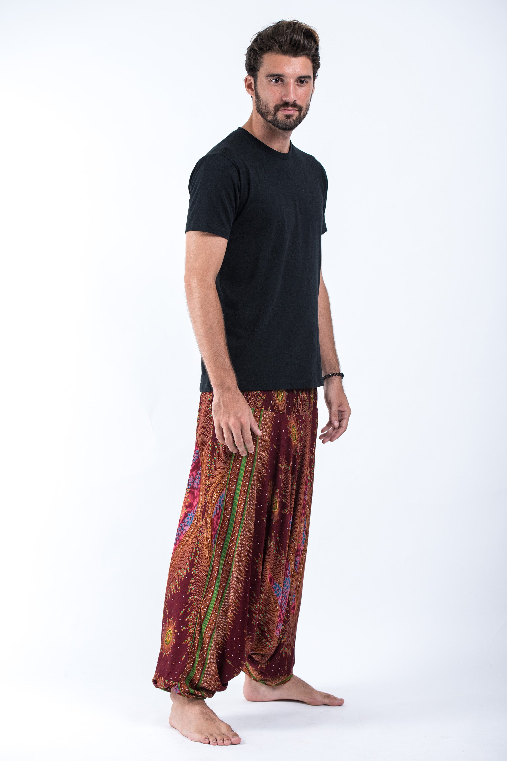 Peacock Eye Drop Crotch Men's Harem Pants in Wine