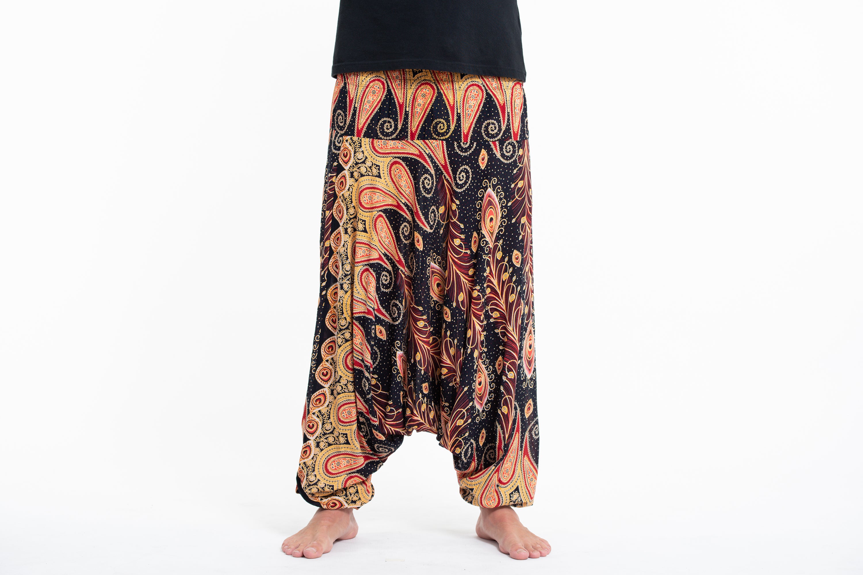 Peacock Paisley Drop Crotch Men's Harem Pants in Black