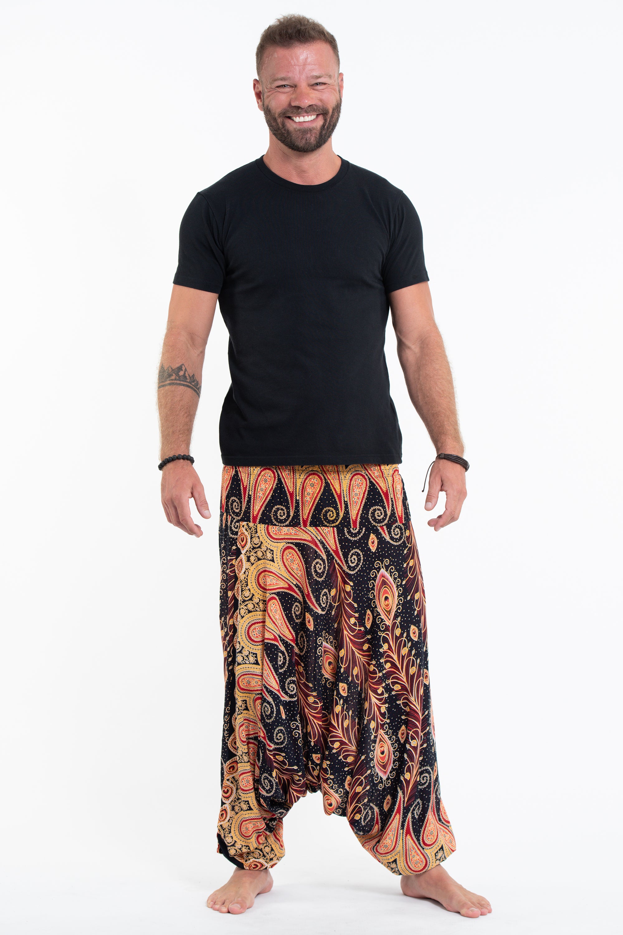 Peacock Paisley Drop Crotch Men's Harem Pants in Black