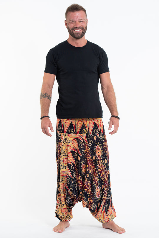 Peacock Paisley Drop Crotch Men's Harem Pants in Black