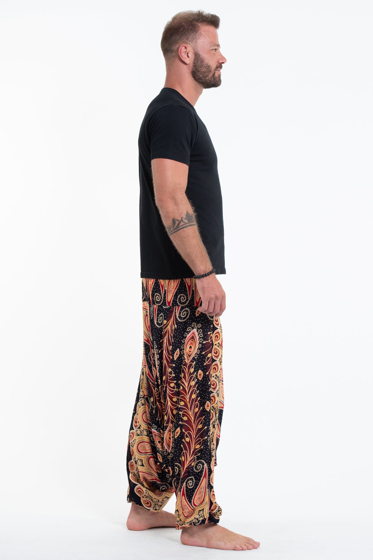Peacock Paisley Drop Crotch Men's Harem Pants in Black