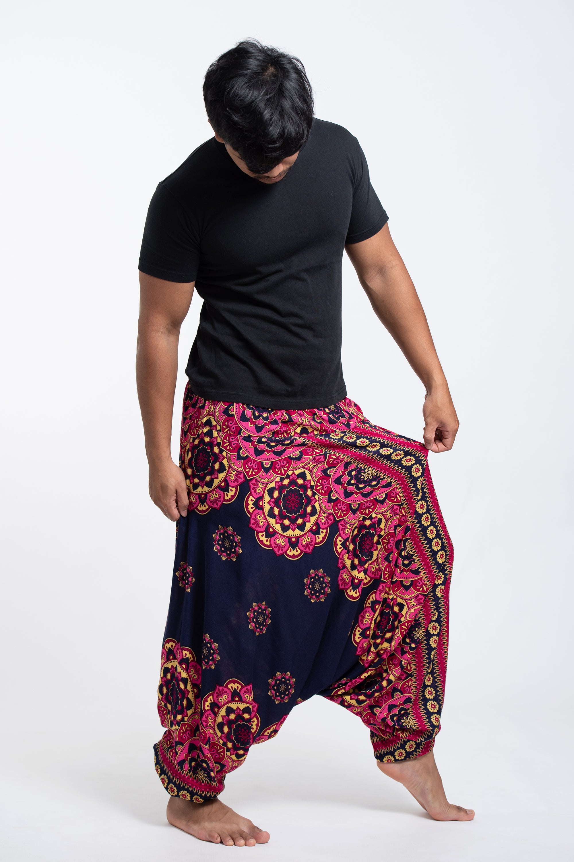 Lotus Mandalas Drop Crotch Men's Harem Pants in Navy