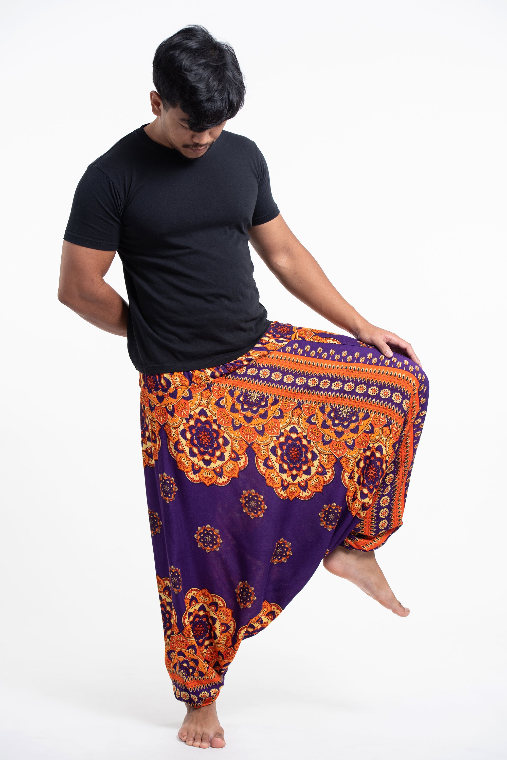 Lotus Mandalas Drop Crotch Men's Harem Pants in Purple
