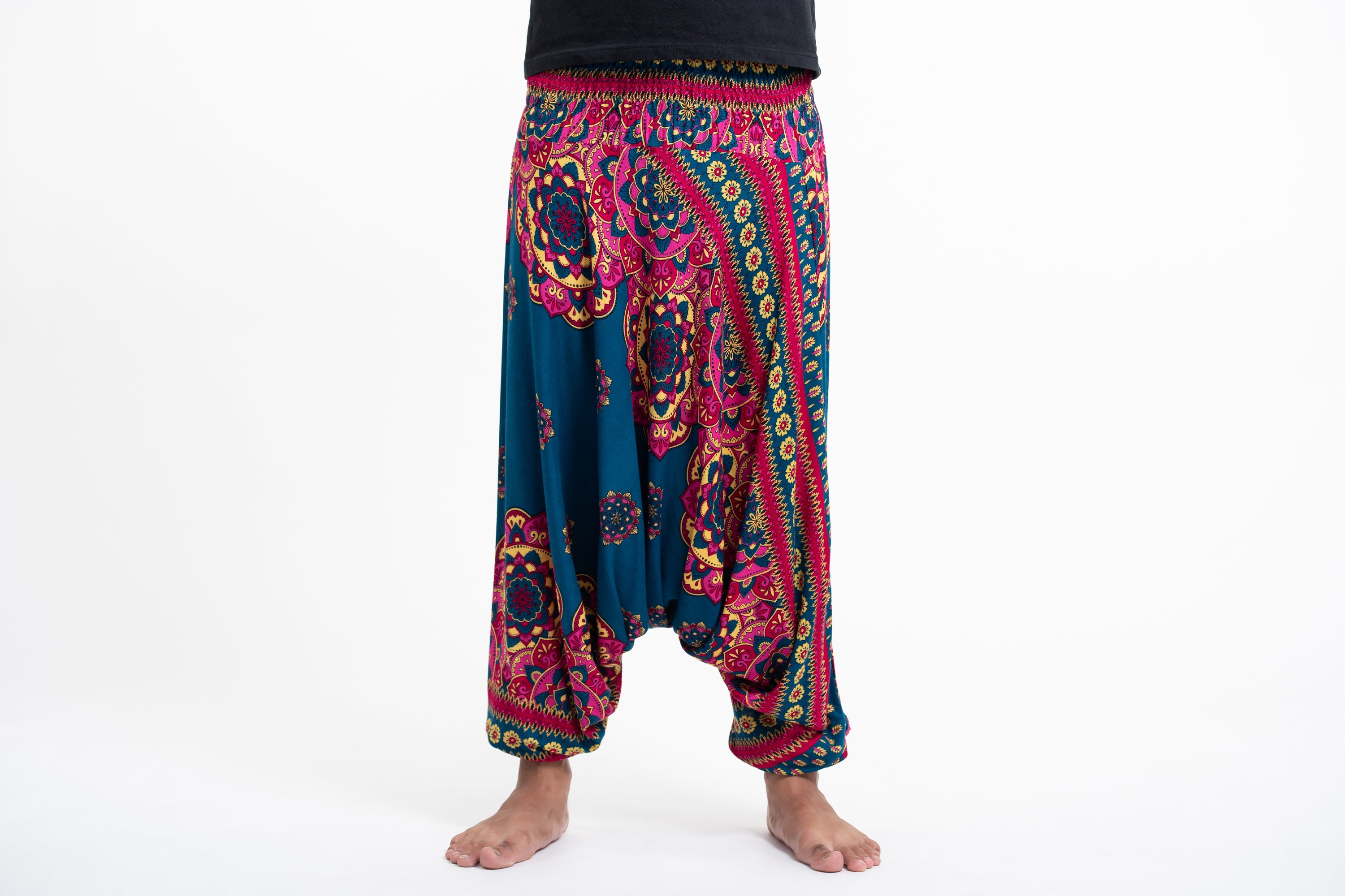 Lotus Mandalas Drop Crotch Men's Harem Pants in Turquoise