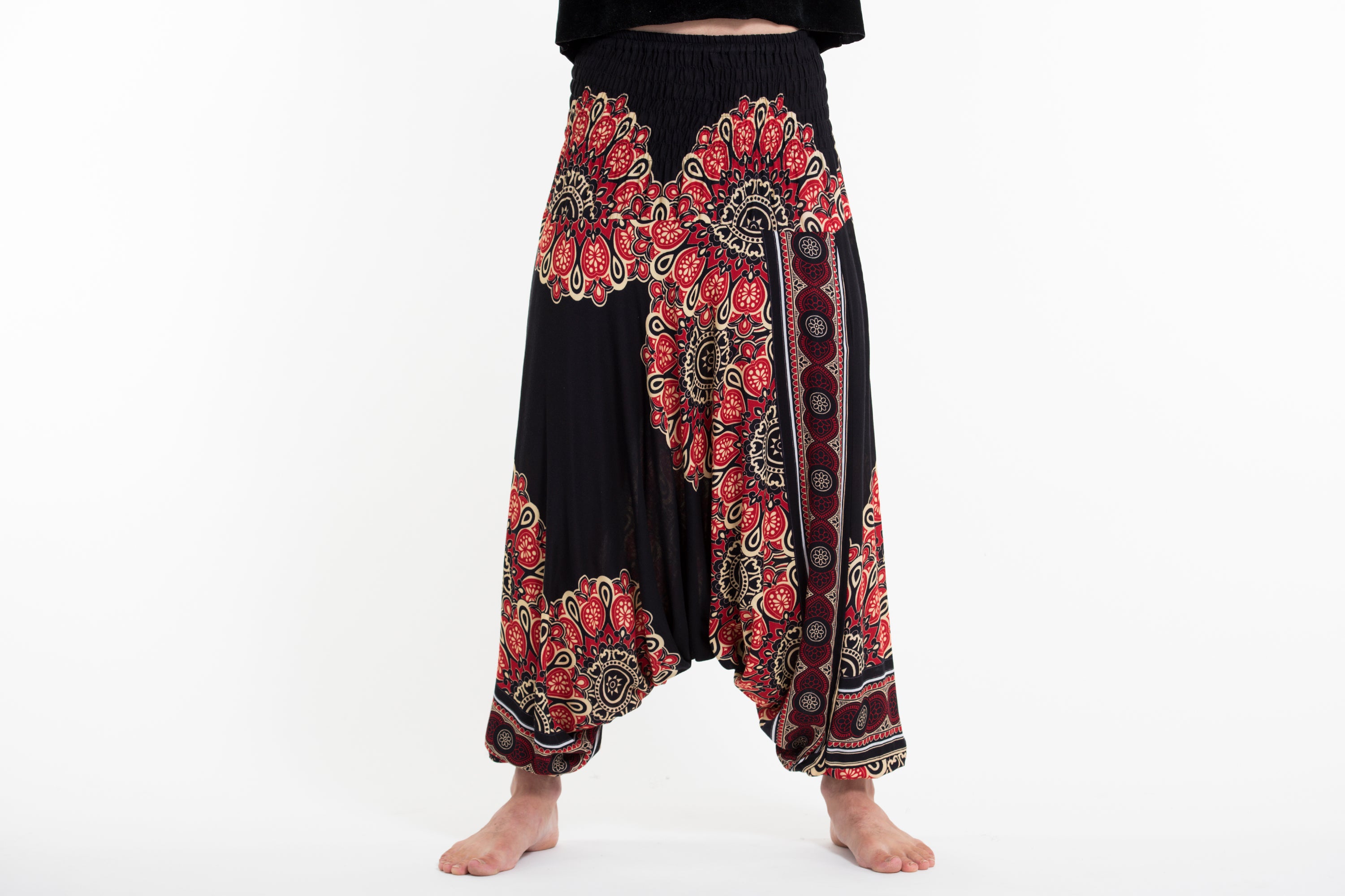 Peony Mandalas Drop Crotch Men's Harem Pants in Black
