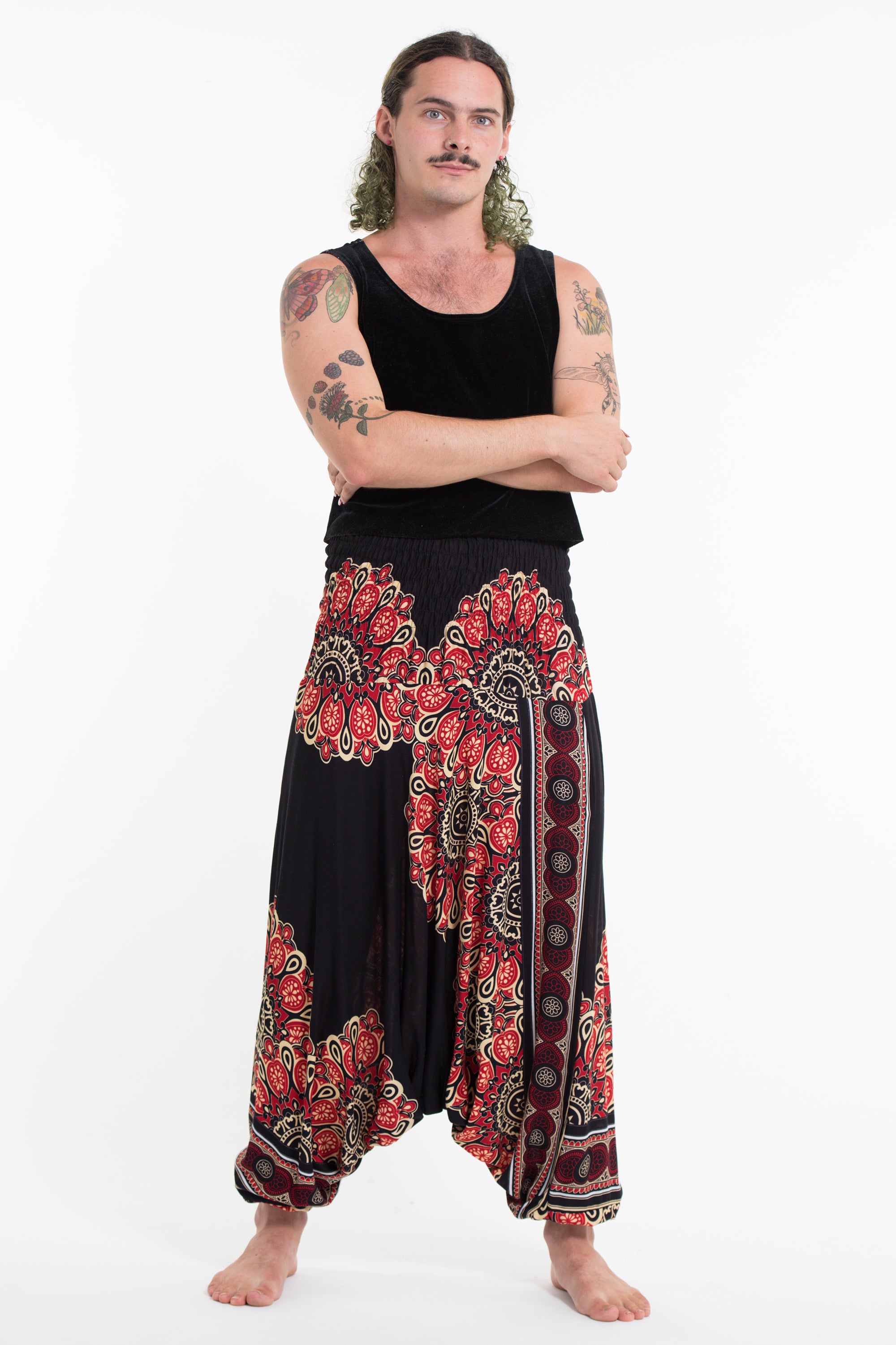 Peony Mandalas Drop Crotch Men's Harem Pants in Black