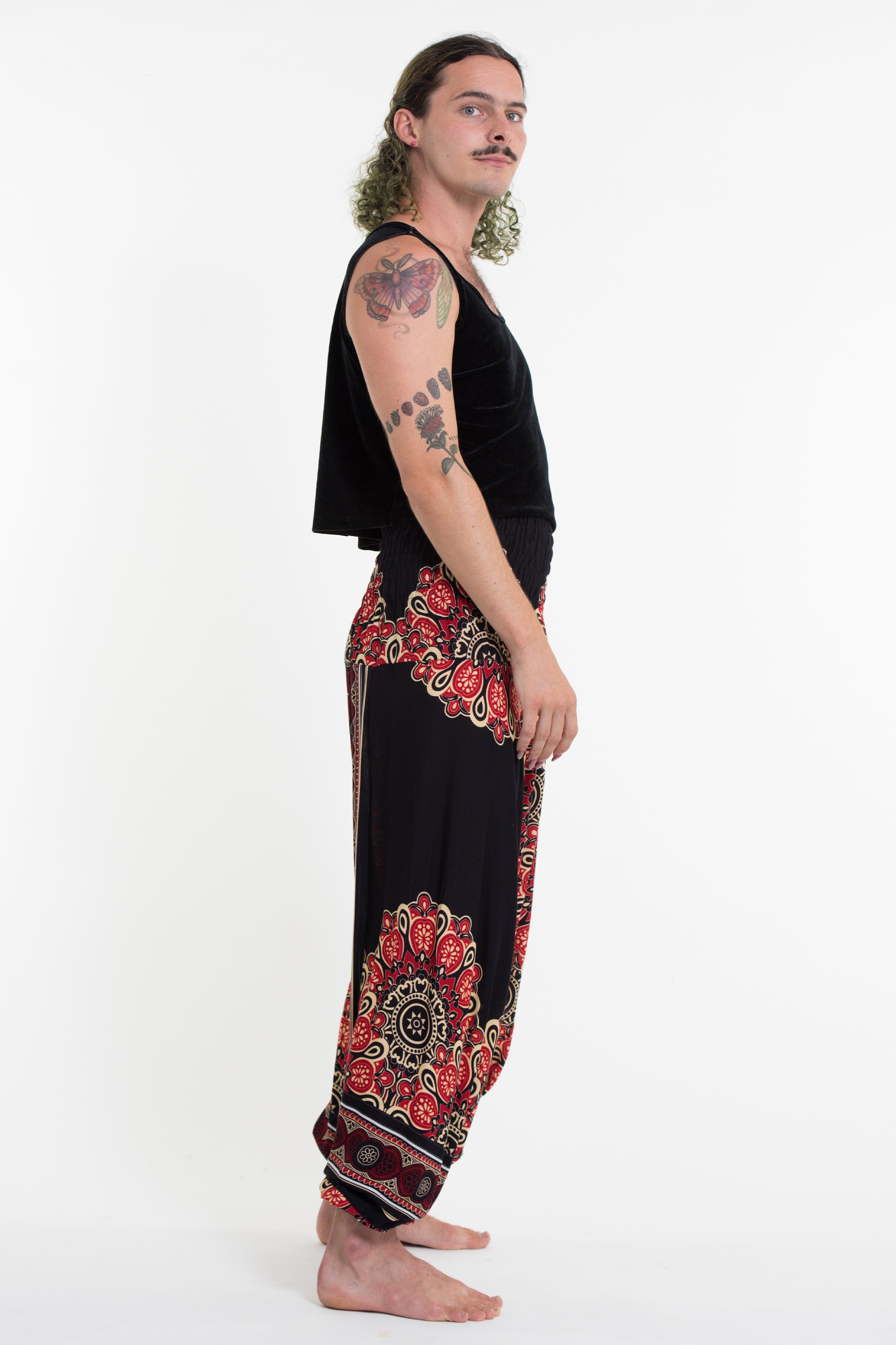 Peony Mandalas Drop Crotch Men's Harem Pants in Black