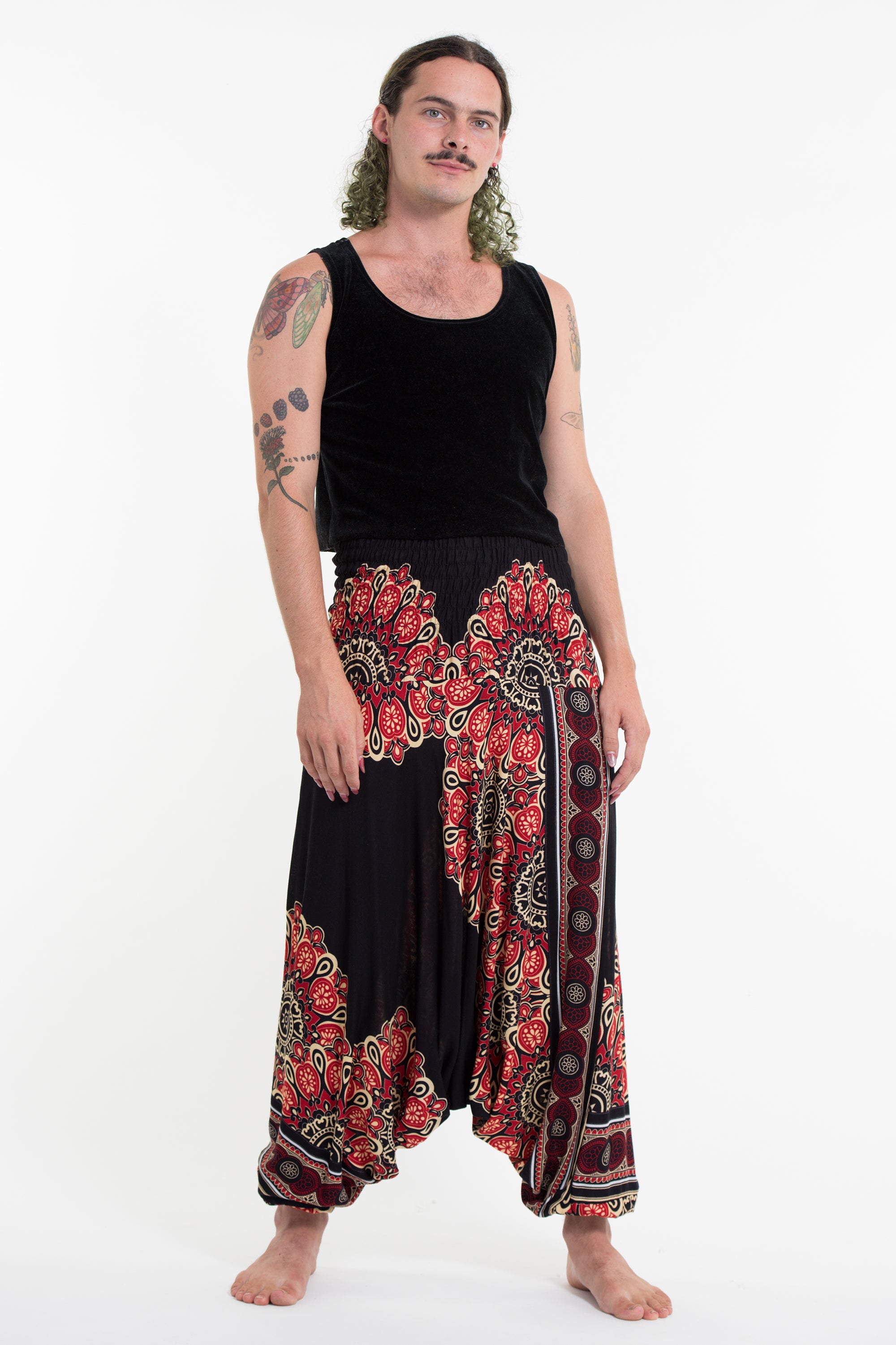 Peony Mandalas Drop Crotch Men's Harem Pants in Black