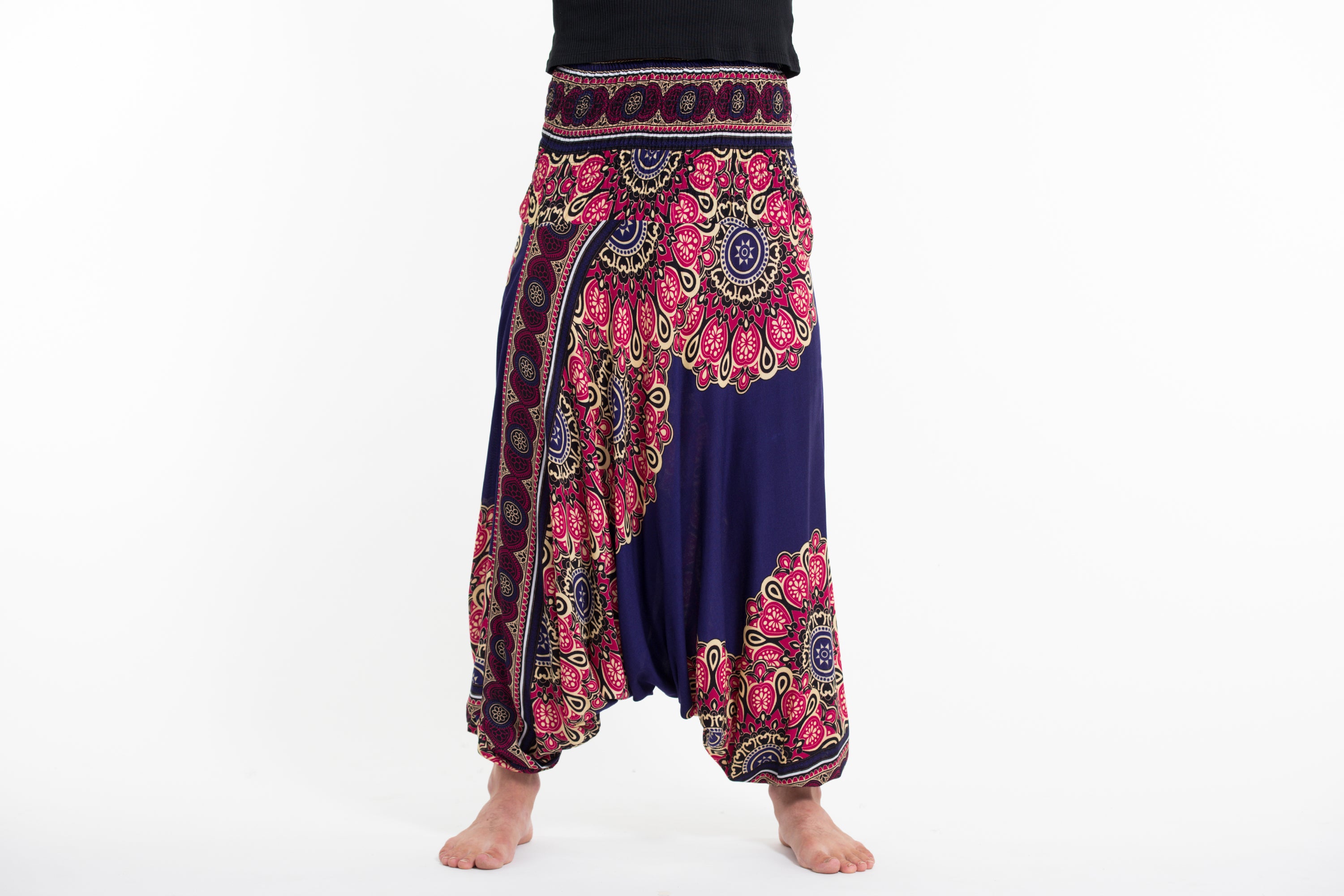 Peony Mandalas Drop Crotch Men's Harem Pants in Indigo