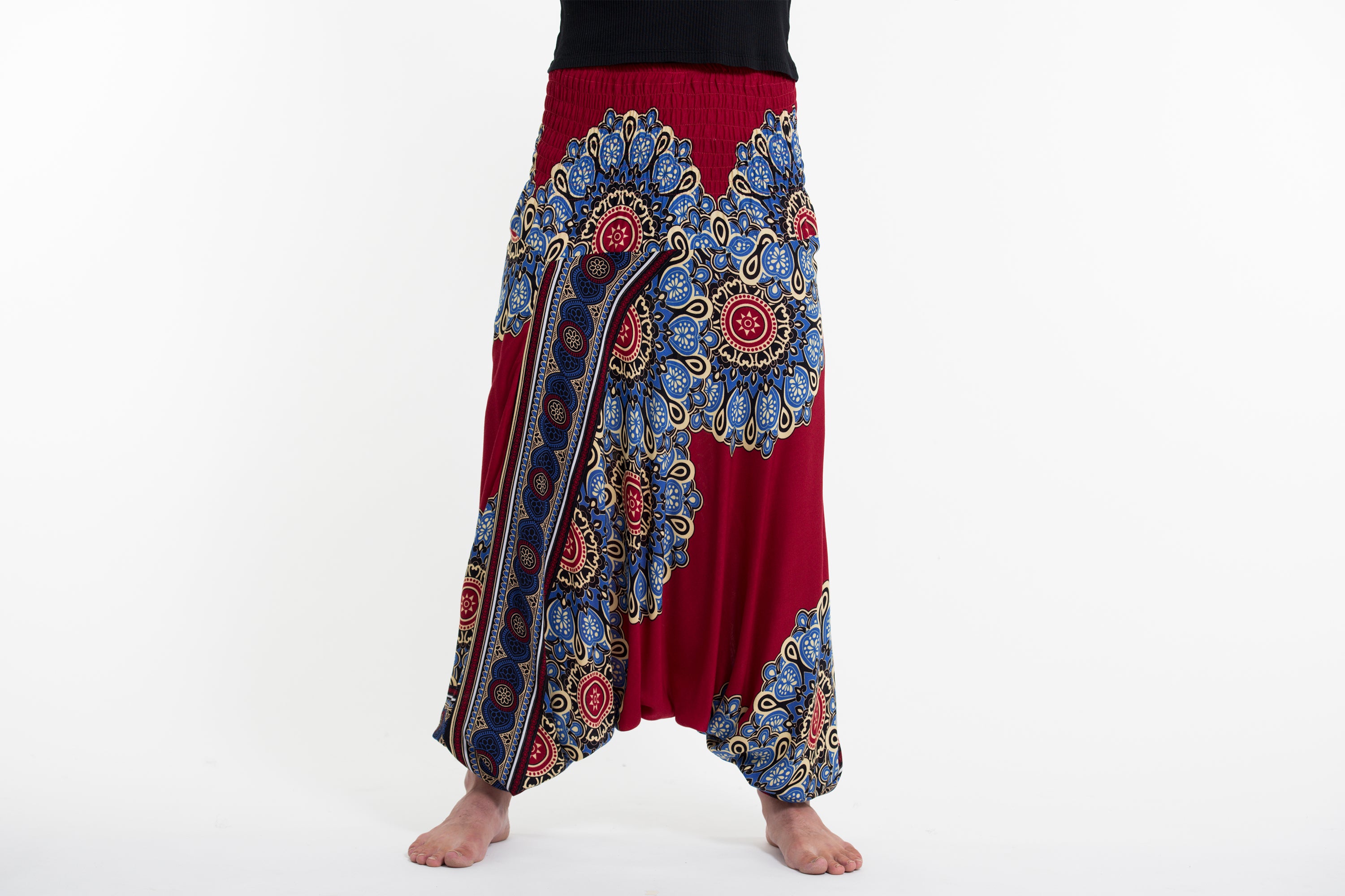 Peony Mandalas Drop Crotch Men's Harem Pants in Red