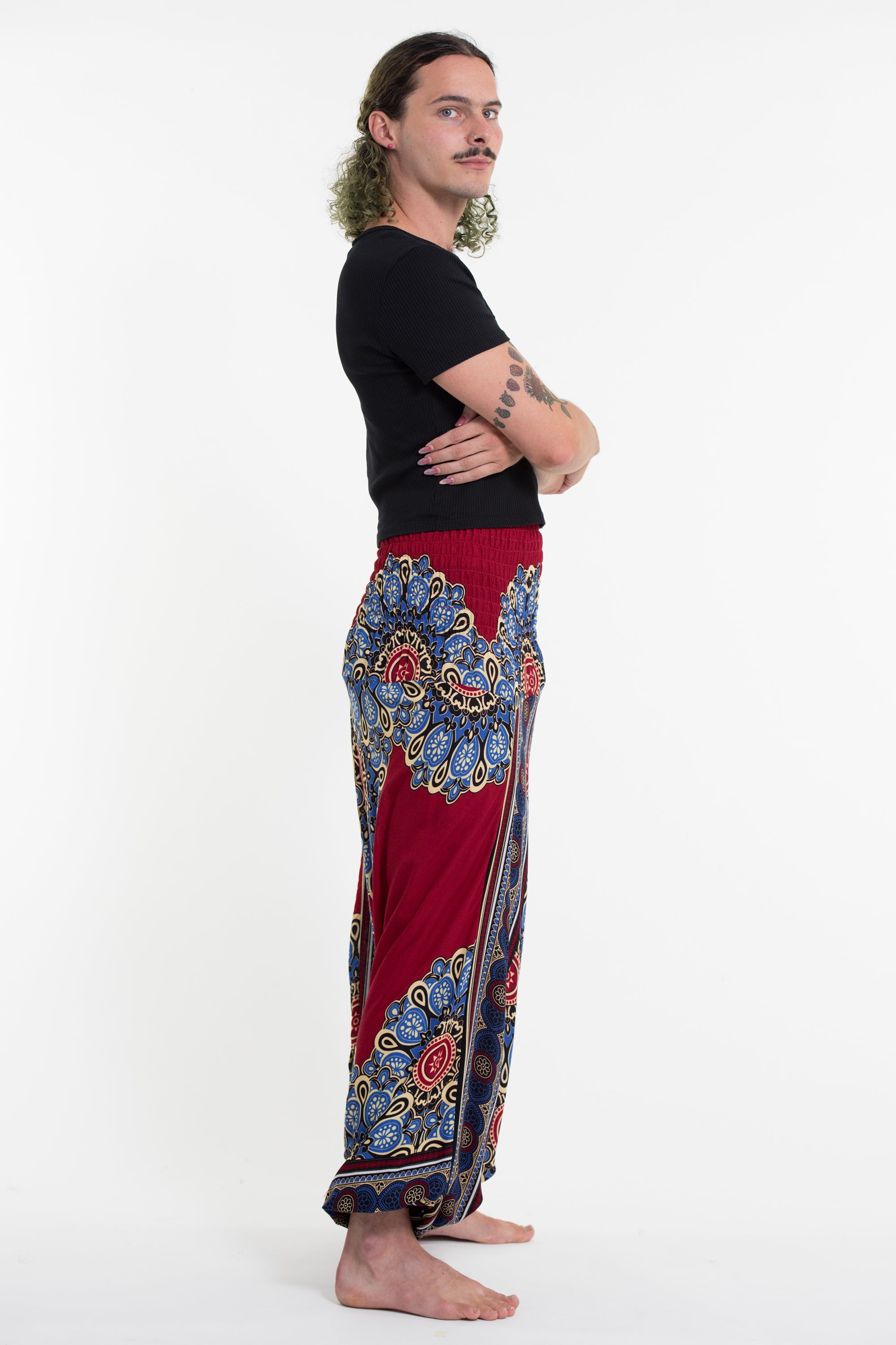 Peony Mandalas Drop Crotch Men's Harem Pants in Red