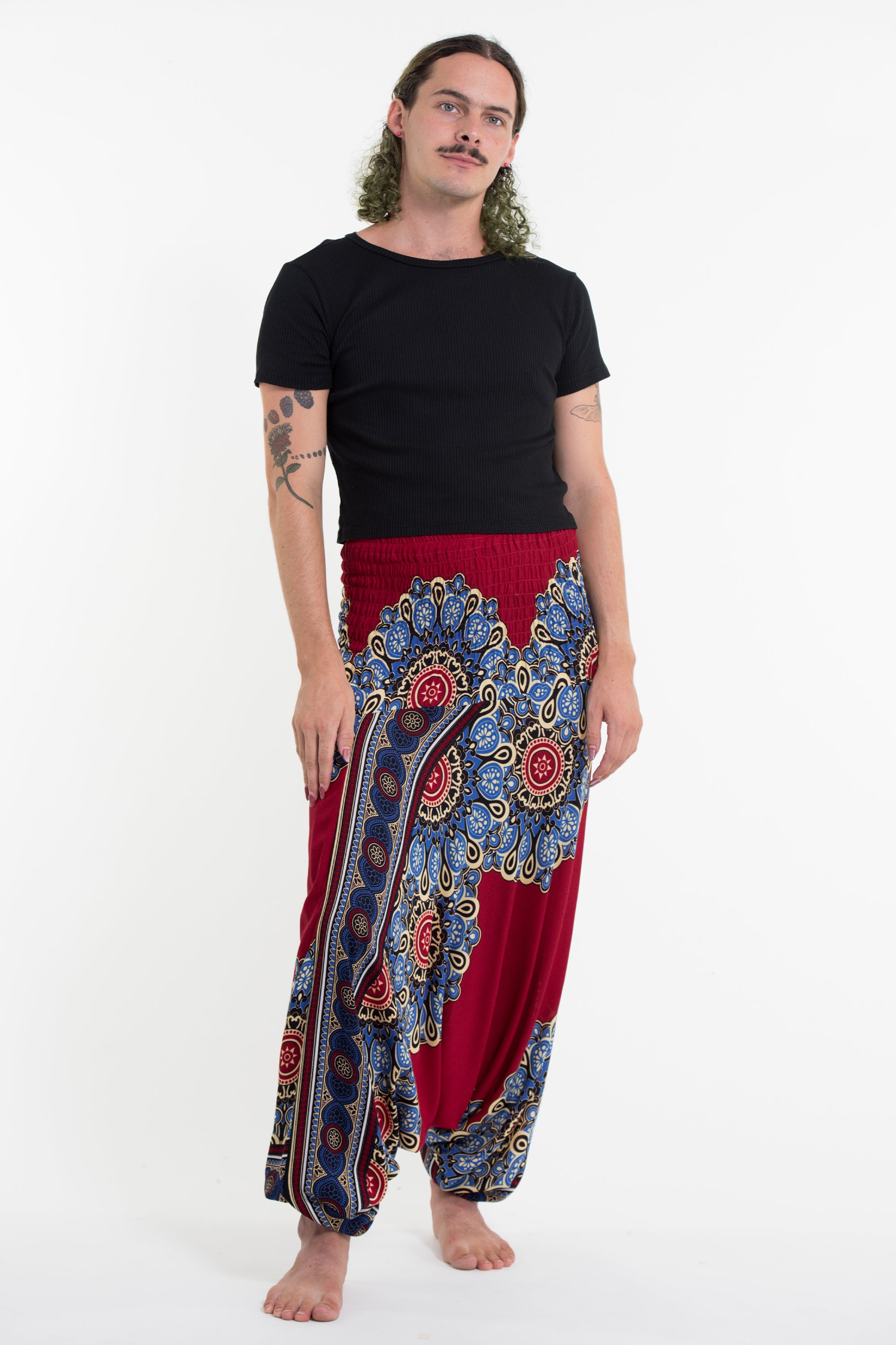 Peony Mandalas Drop Crotch Men's Harem Pants in Red