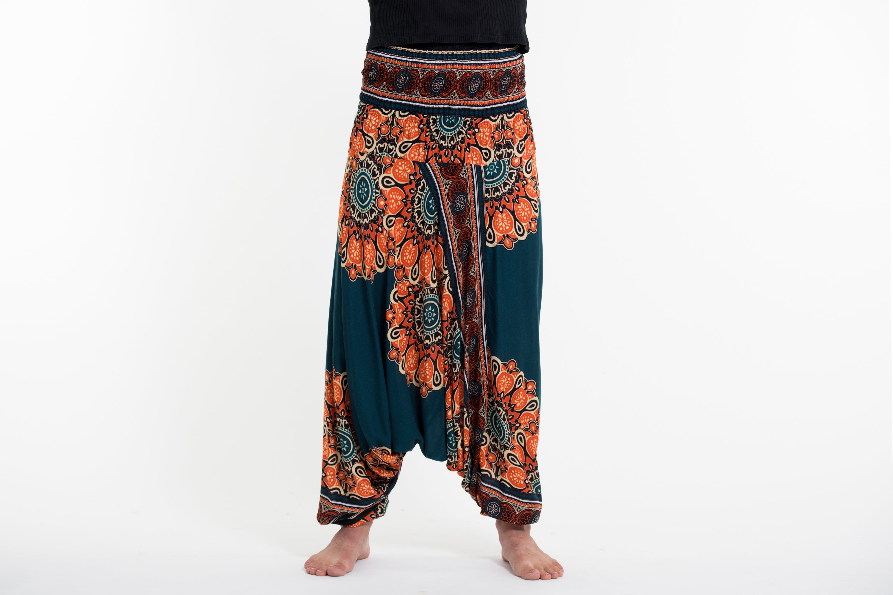 Peony Mandalas Drop Crotch Men's Harem Pants in Teal