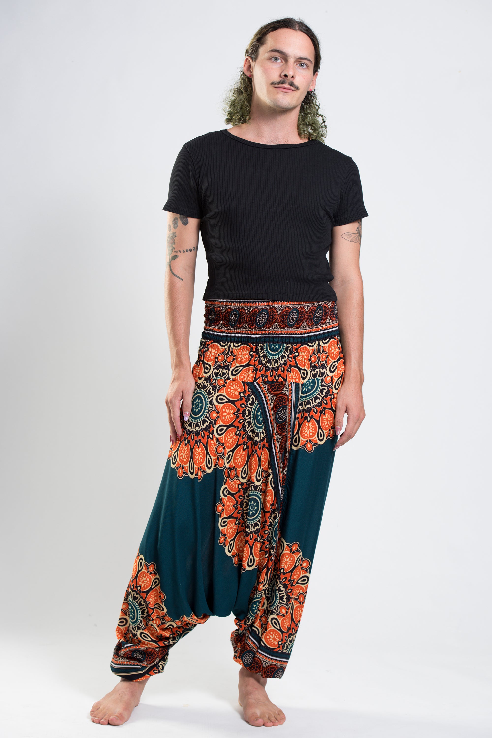 Peony Mandalas Drop Crotch Men's Harem Pants in Teal