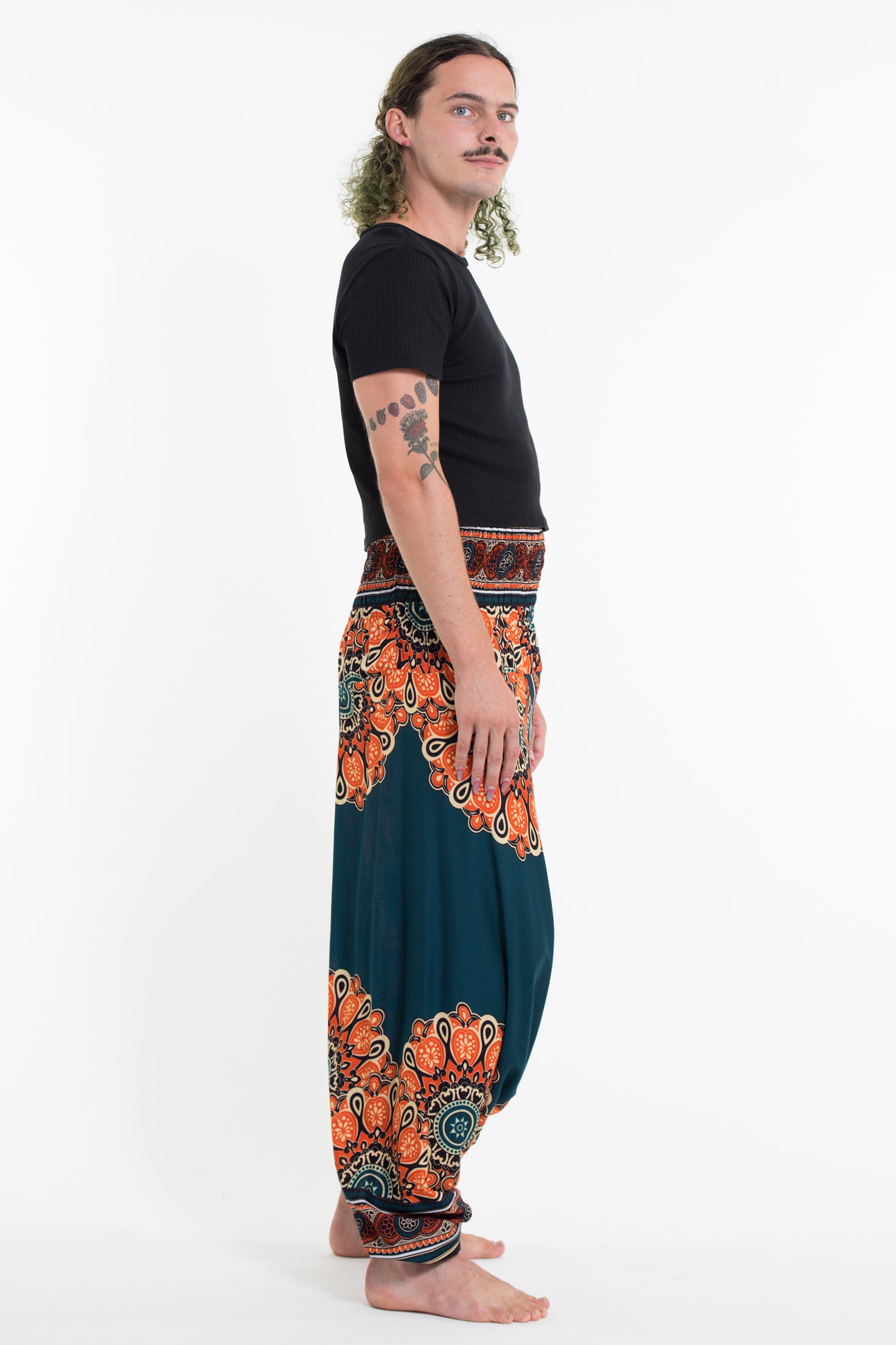 Peony Mandalas Drop Crotch Men's Harem Pants in Teal