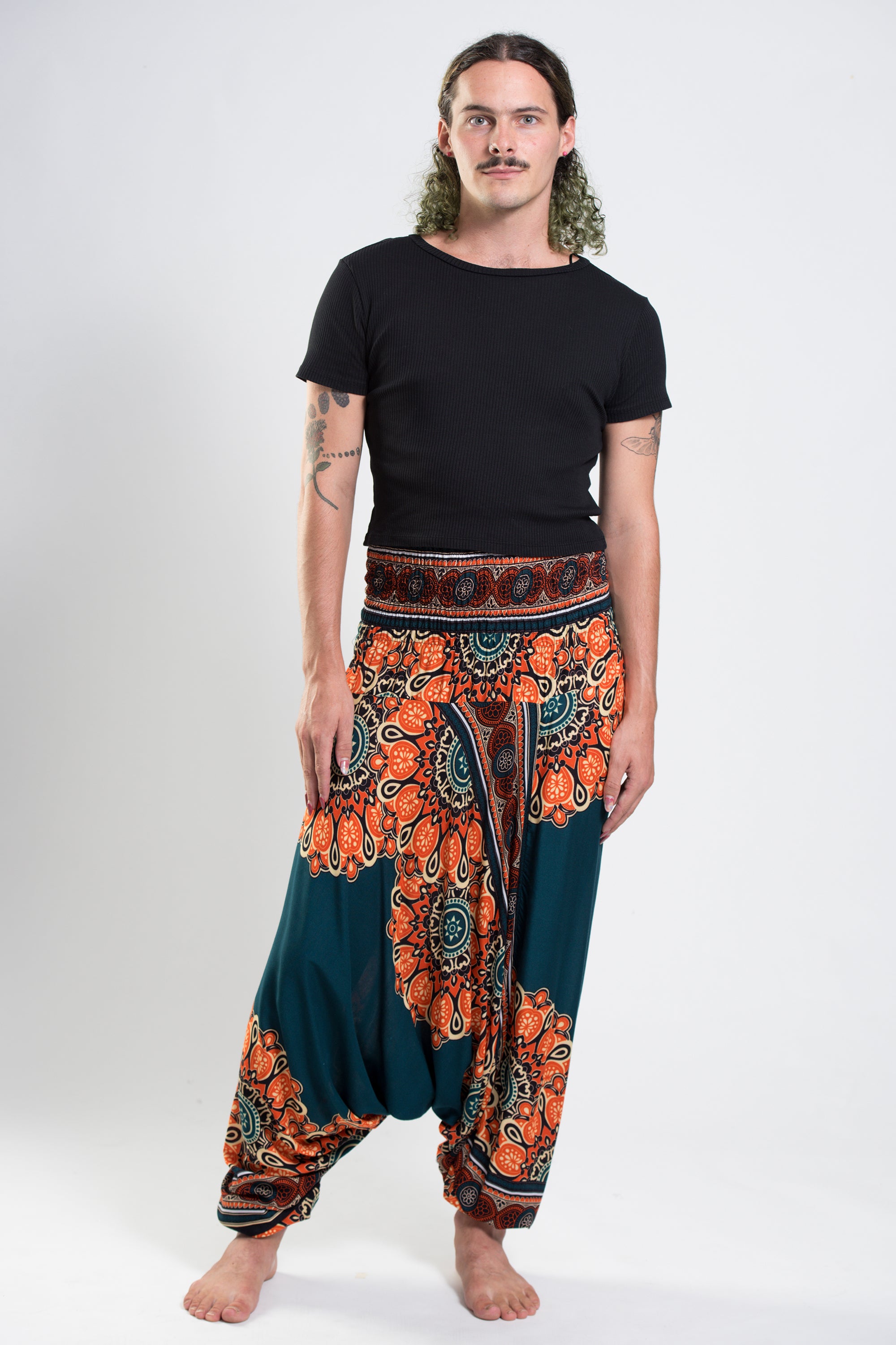 Peony Mandalas Drop Crotch Men's Harem Pants in Teal