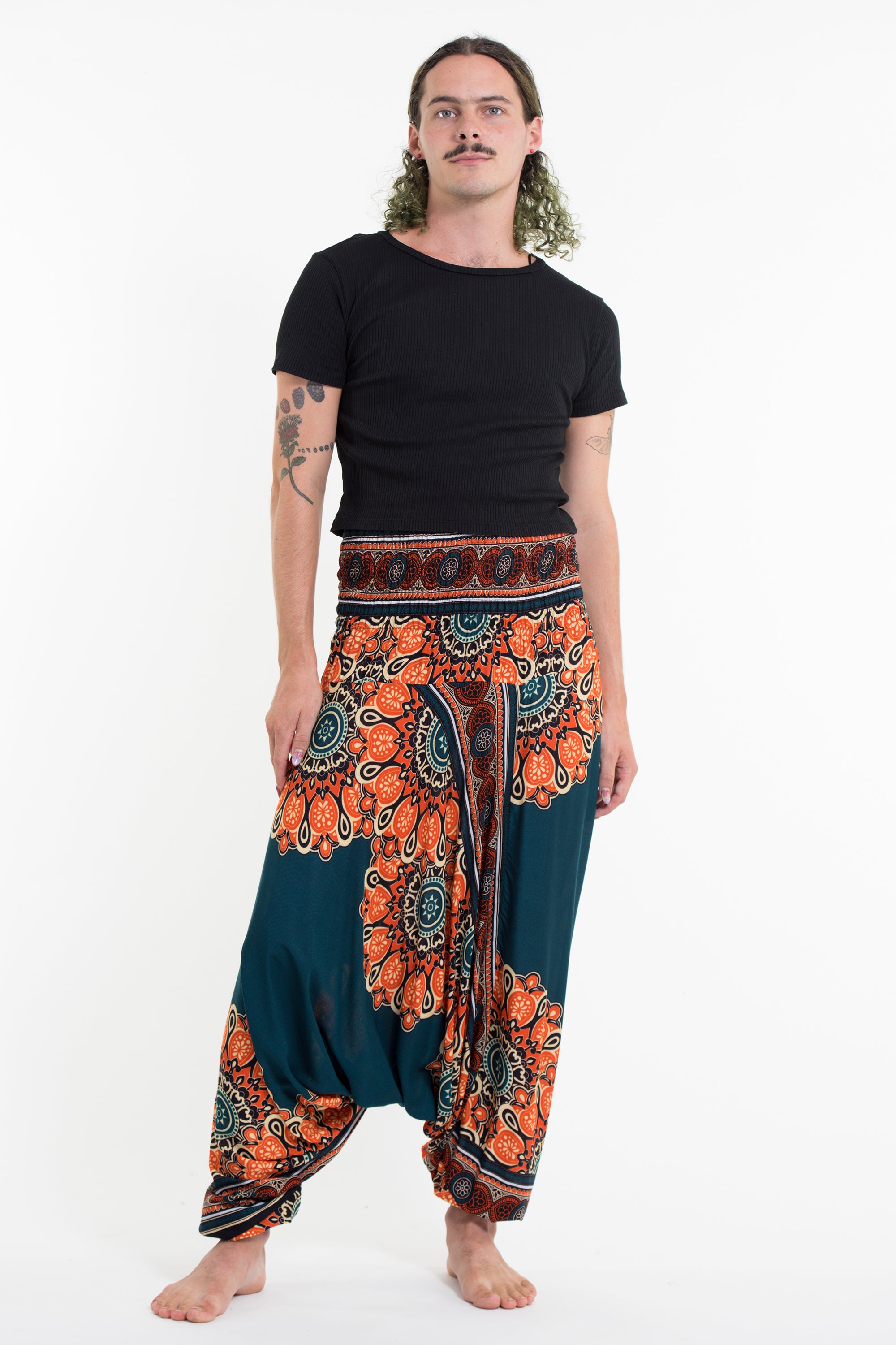 Peony Mandalas Drop Crotch Men's Harem Pants in Teal