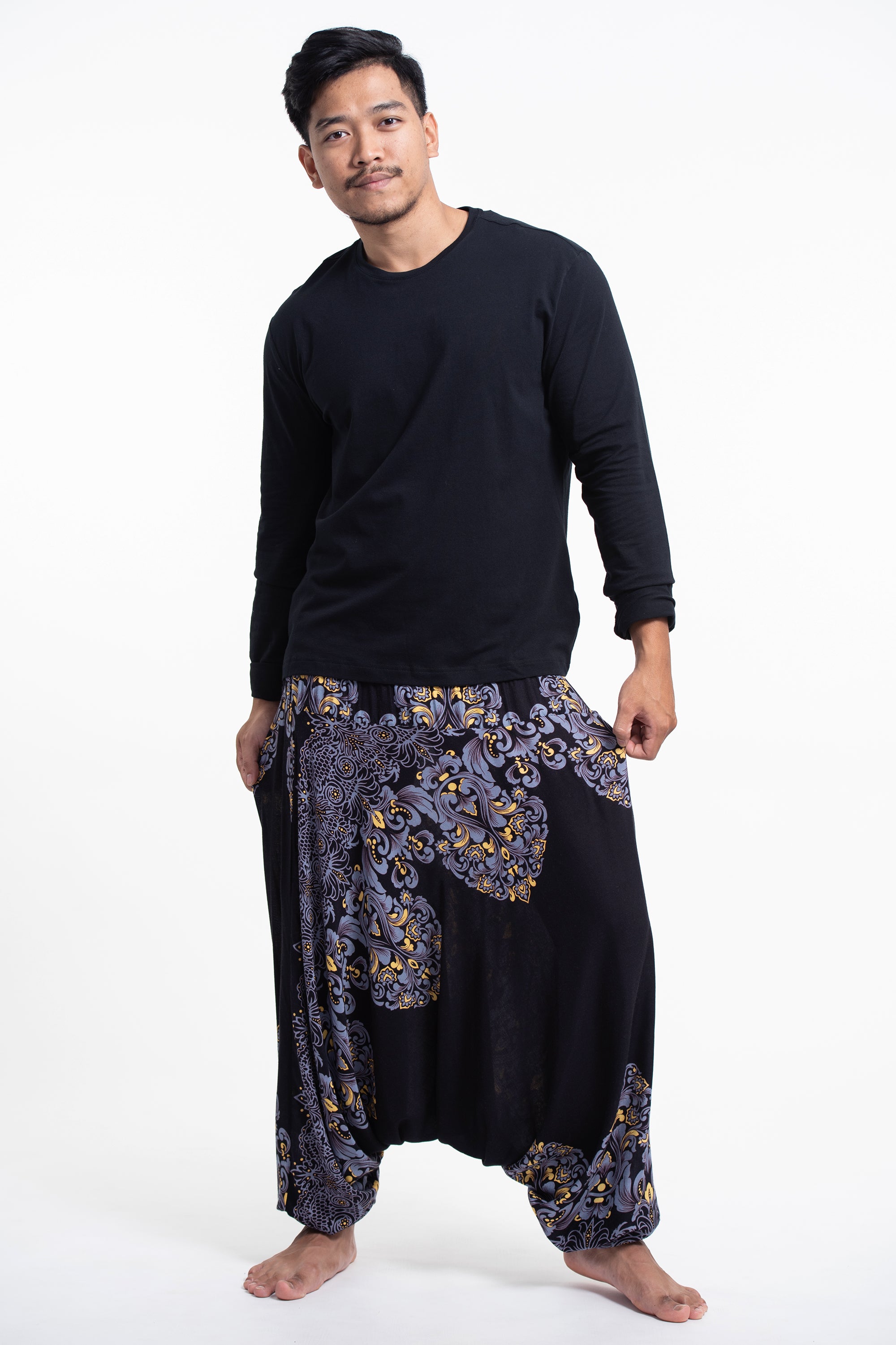 Floral Vines Drop Crotch Men's Harem Pants in Black