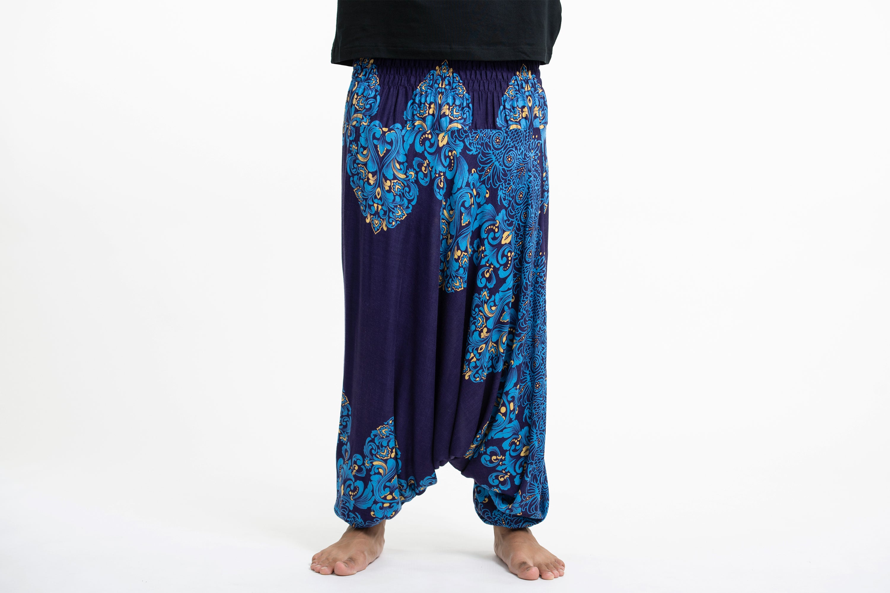 Floral Vines Drop Crotch Men's Harem Pants in Blue