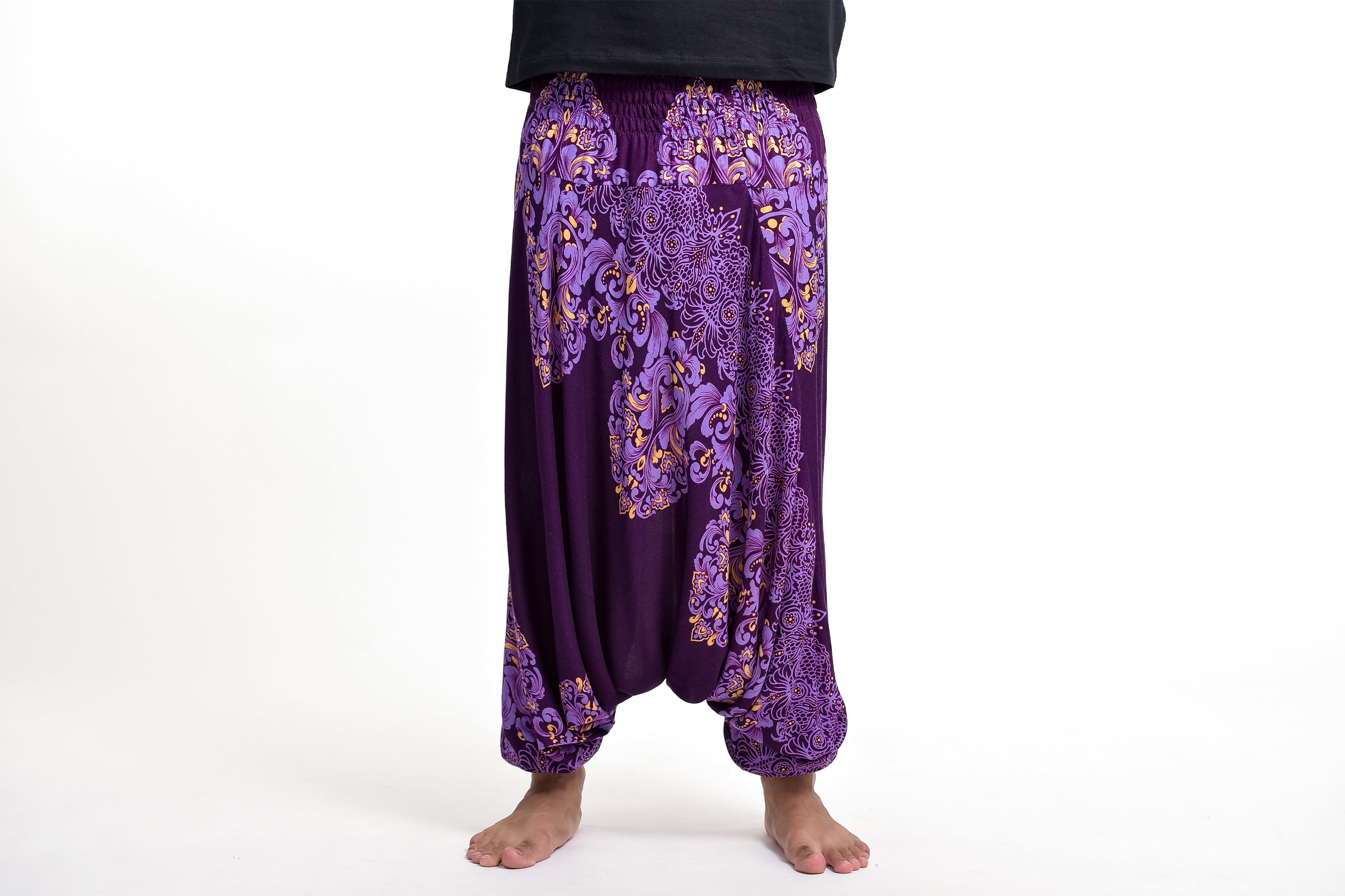 Floral Vines Drop Crotch Men's Harem Pants in Purple