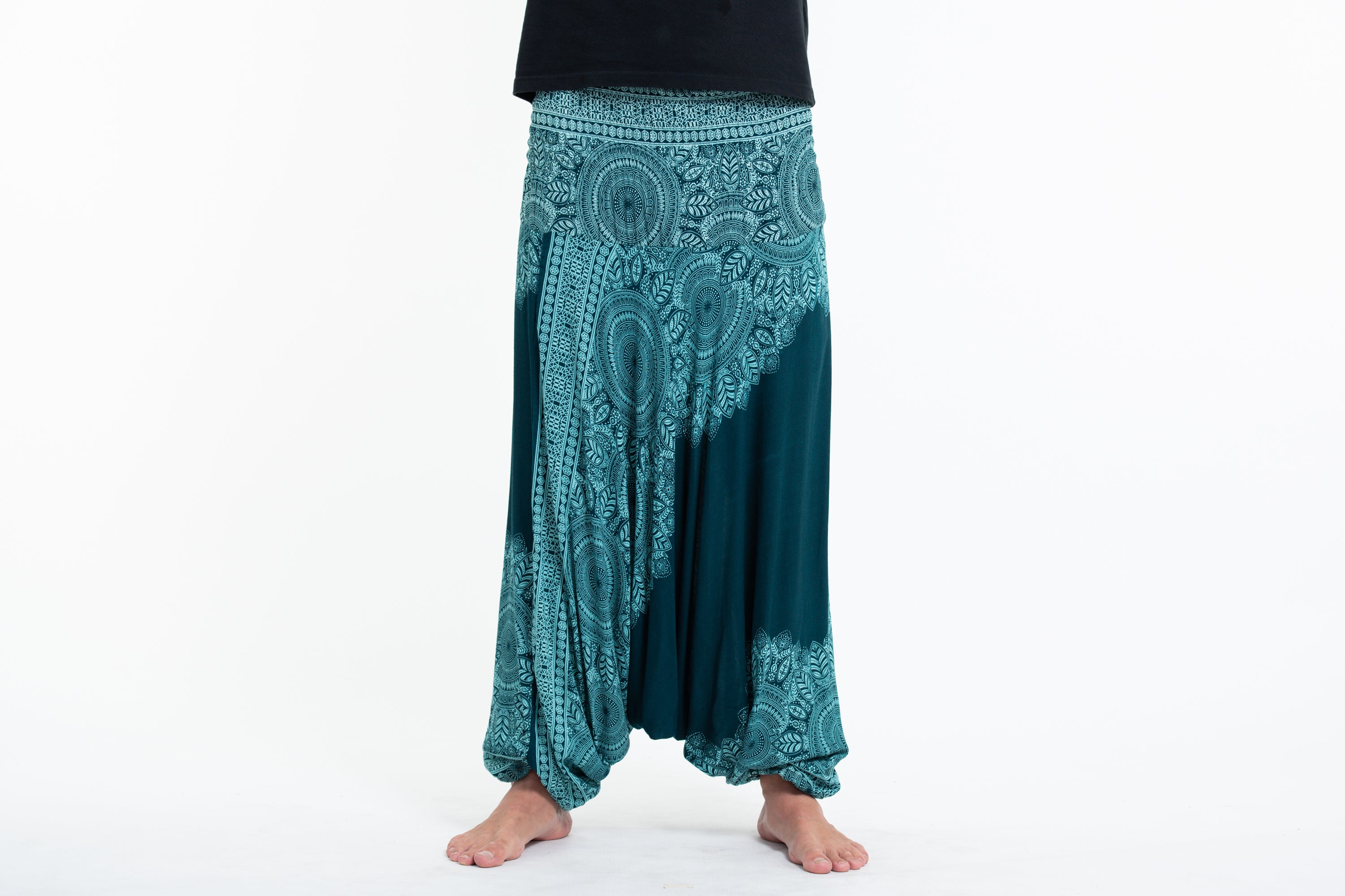 Floral Mandalas Drop Crotch Men's Harem Pants in Teal
