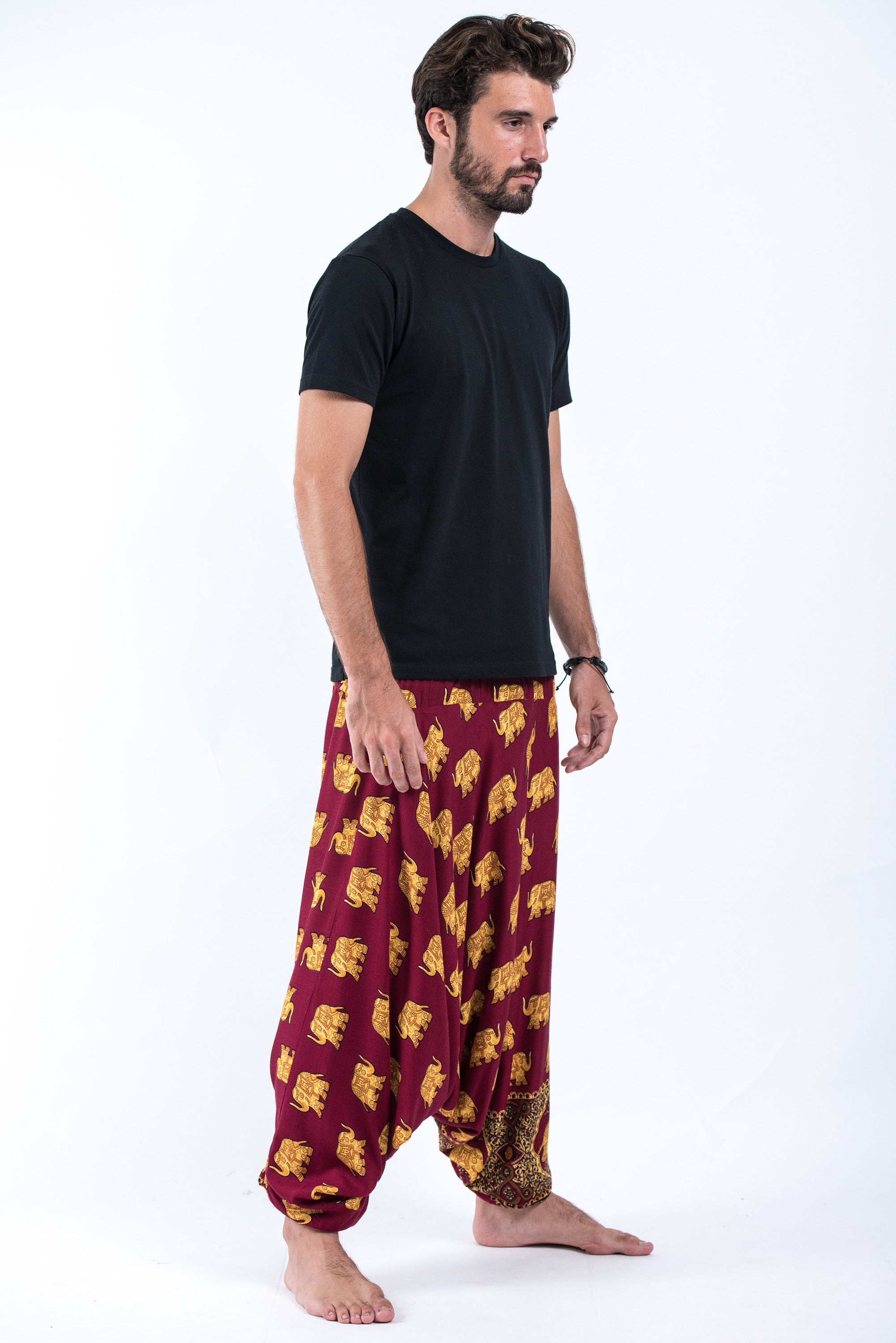 Golden Elephant Drop Crotch Men's Elephant Pants in Maroon